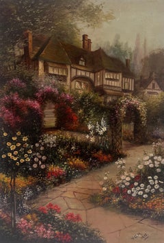 Antique English Oil Painting Old Tudor House and Flower Garden Twilight Dusk