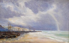 Rainbow off the Coast - Early 20th Century English Marine Seascape Oil Painting