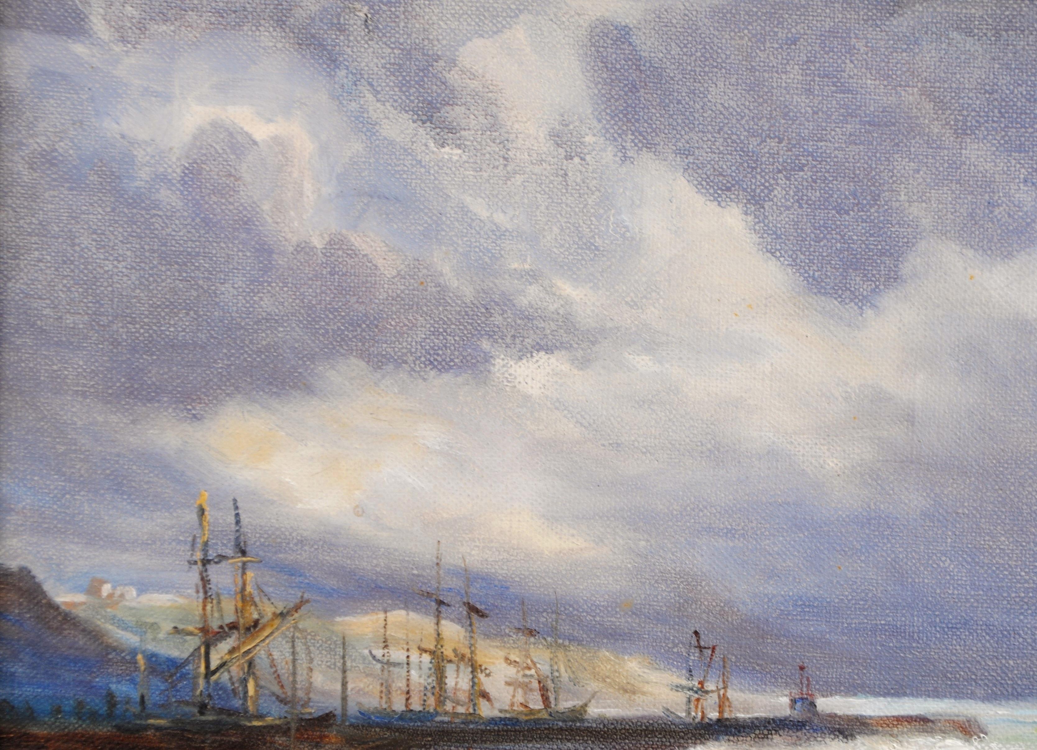 Arco iris frente a la costa - Pintura al óleo marina inglesa de principios del siglo XX - Landscape Painting Marrón de Early 20th Century English School