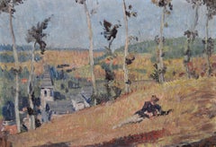 Figura in un campo - Antico dipinto ad olio di English Impressionist con paesaggio estivo