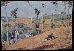 Figure dans un champ - Ancienne peinture à l
huile de paysage d
été English Impressionist