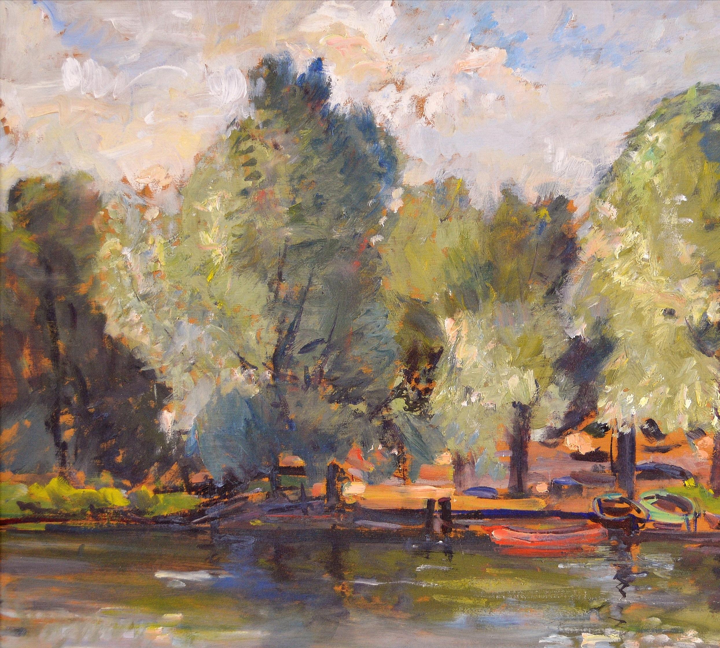 Paisaje fluvial tranquilo - Pintura al óleo English Impressionist de principios del siglo XX - Painting Impresionista de Early 20th Century English School 