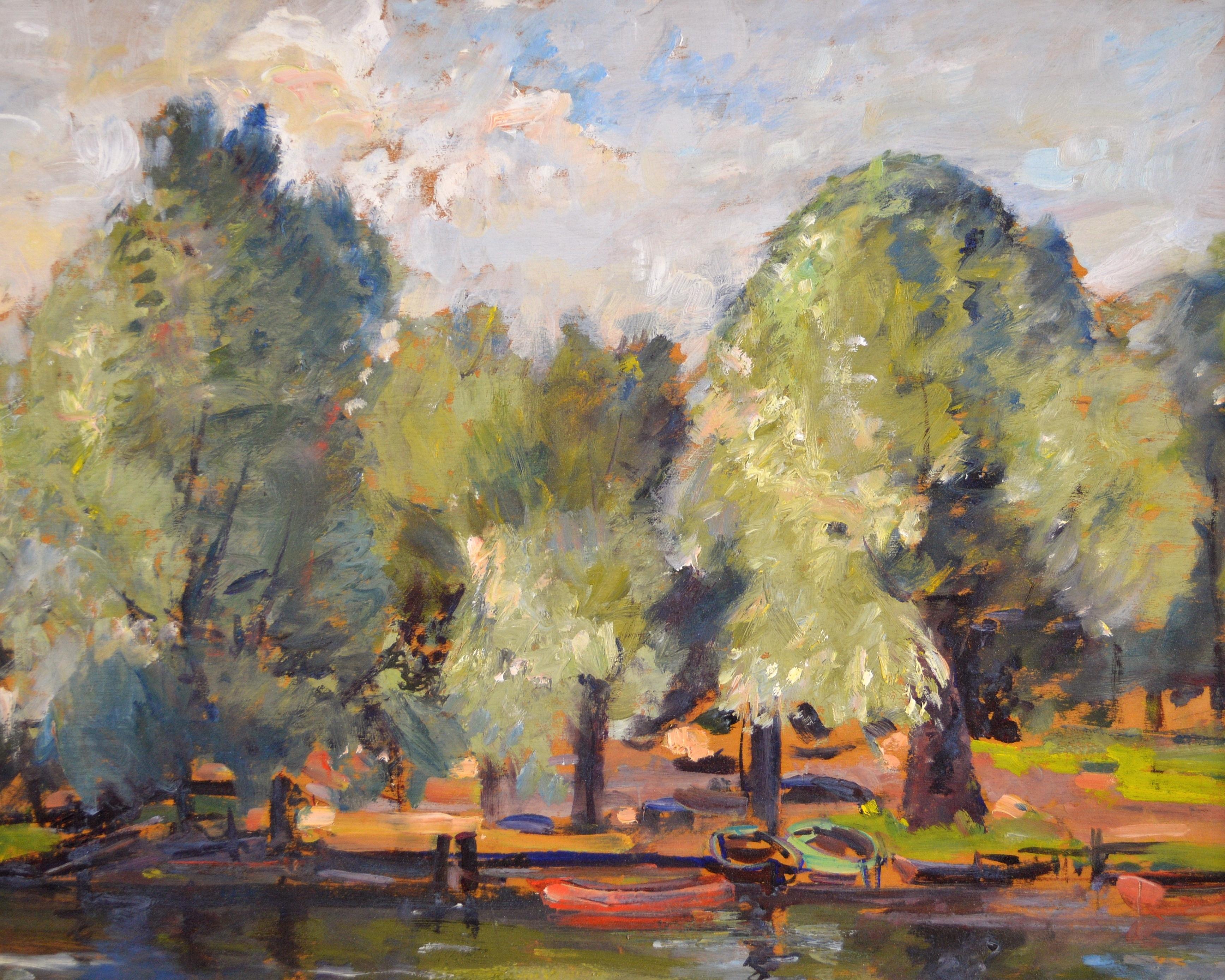 Paisaje fluvial tranquilo - Pintura al óleo English Impressionist de principios del siglo XX - Landscape Painting Marrón de Early 20th Century English School 