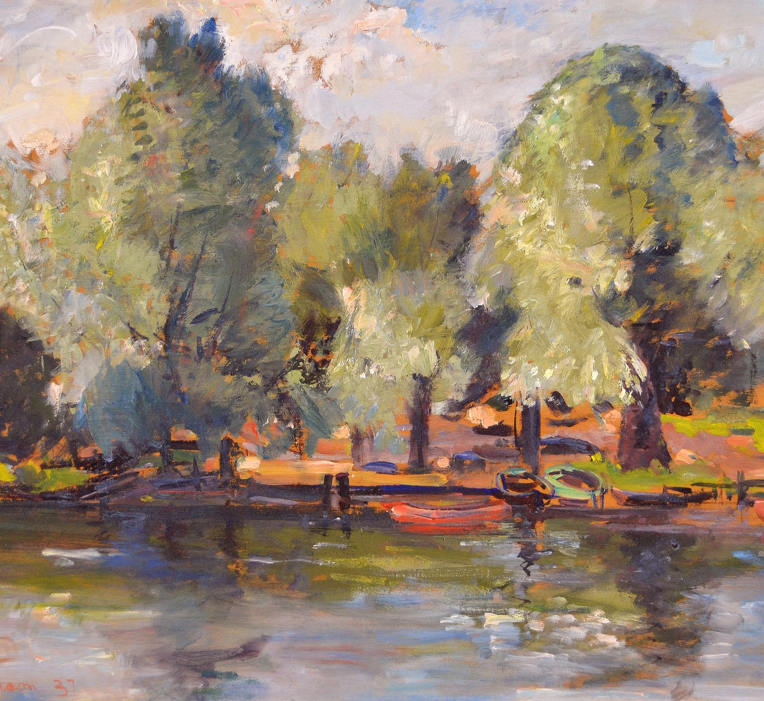 A beautiful signed and dated 1931 English impressionist oil on board depicting a tranquil river landscape, by D. Thomson.

The work is presented in a fine period frame with swept centres and corners. Ruskin Gallery label verso.

Artista: English