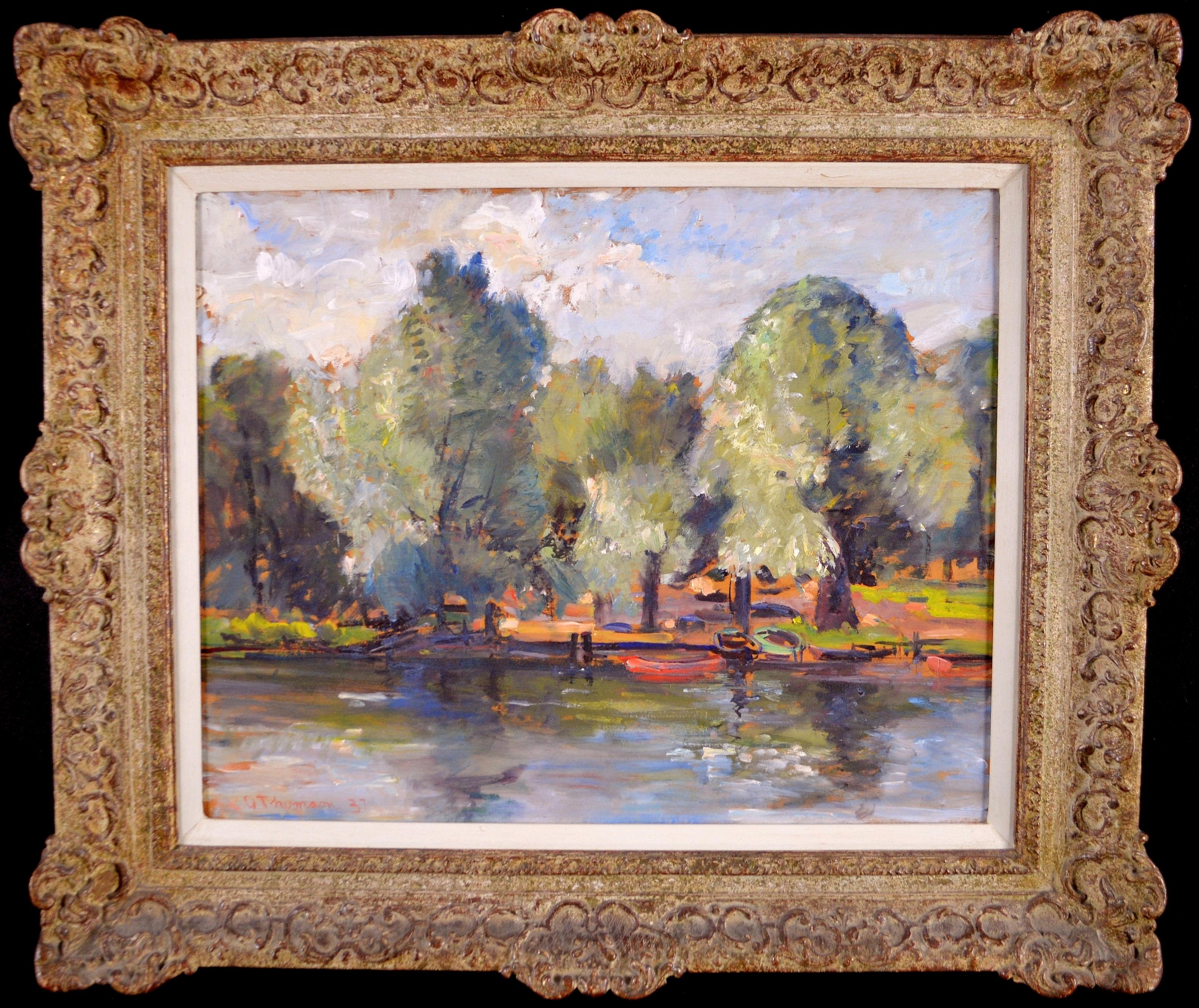 Paysage fluvial paisible - peinture à l
huile impressionniste anglaise du début du 20e siècle