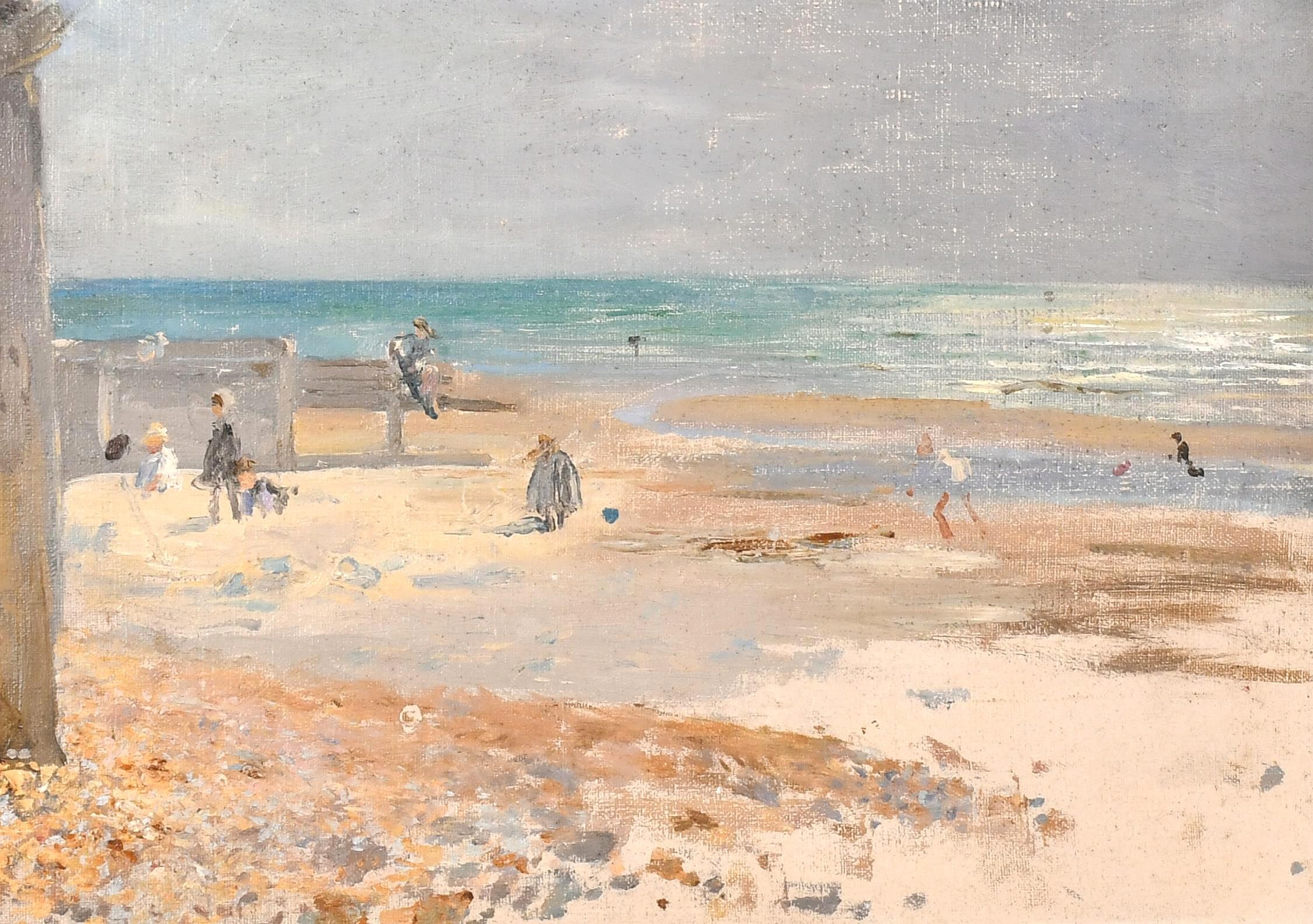Figures on the Beach - Antique English Impressionist Coastal Oil Painting - Beige Landscape Painting by Early 20th Century English School