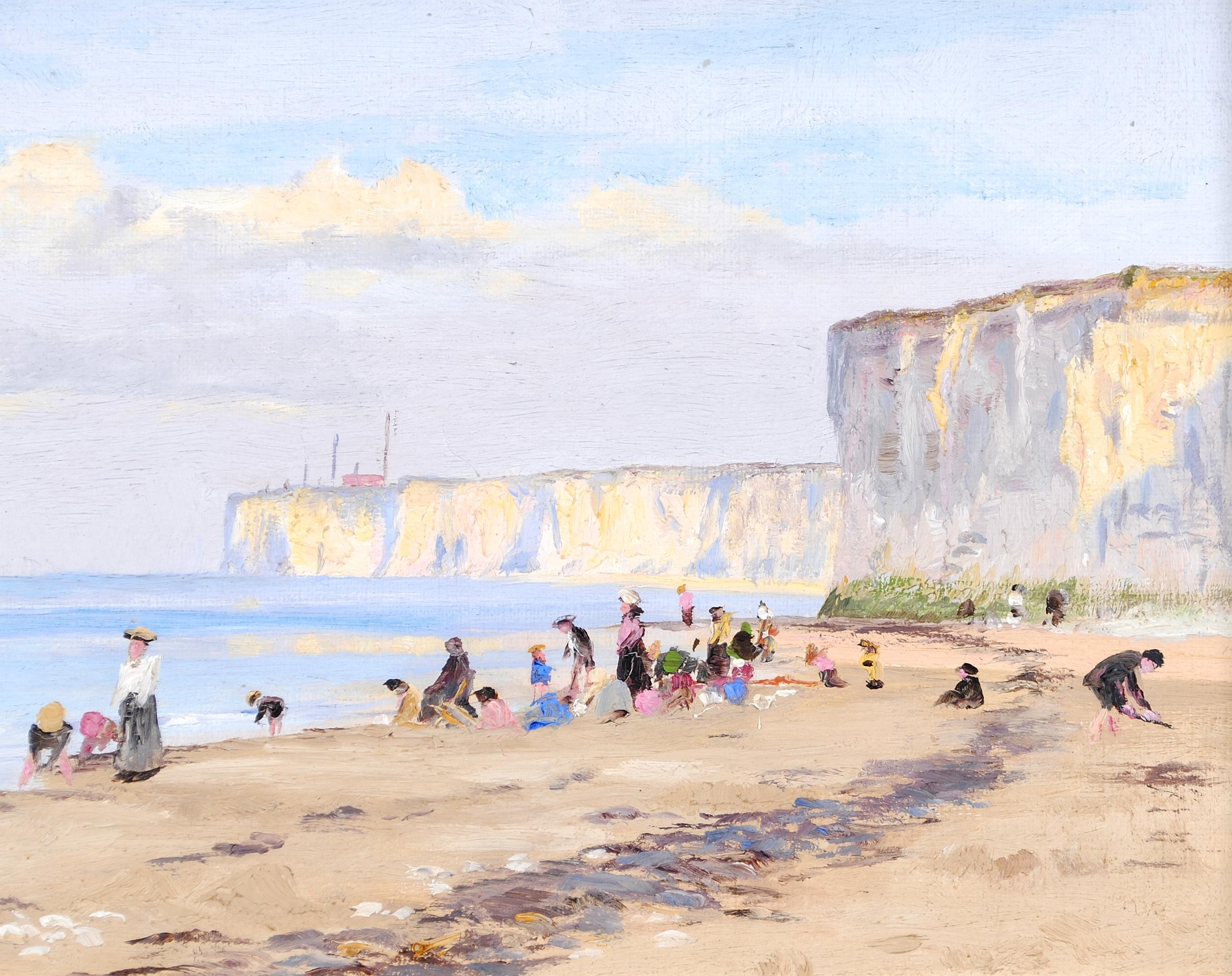 Figure sulla spiaggia - Antico dipinto a olio costiero di English Impressionist - Painting Impressionismo di Early 20th Century English School