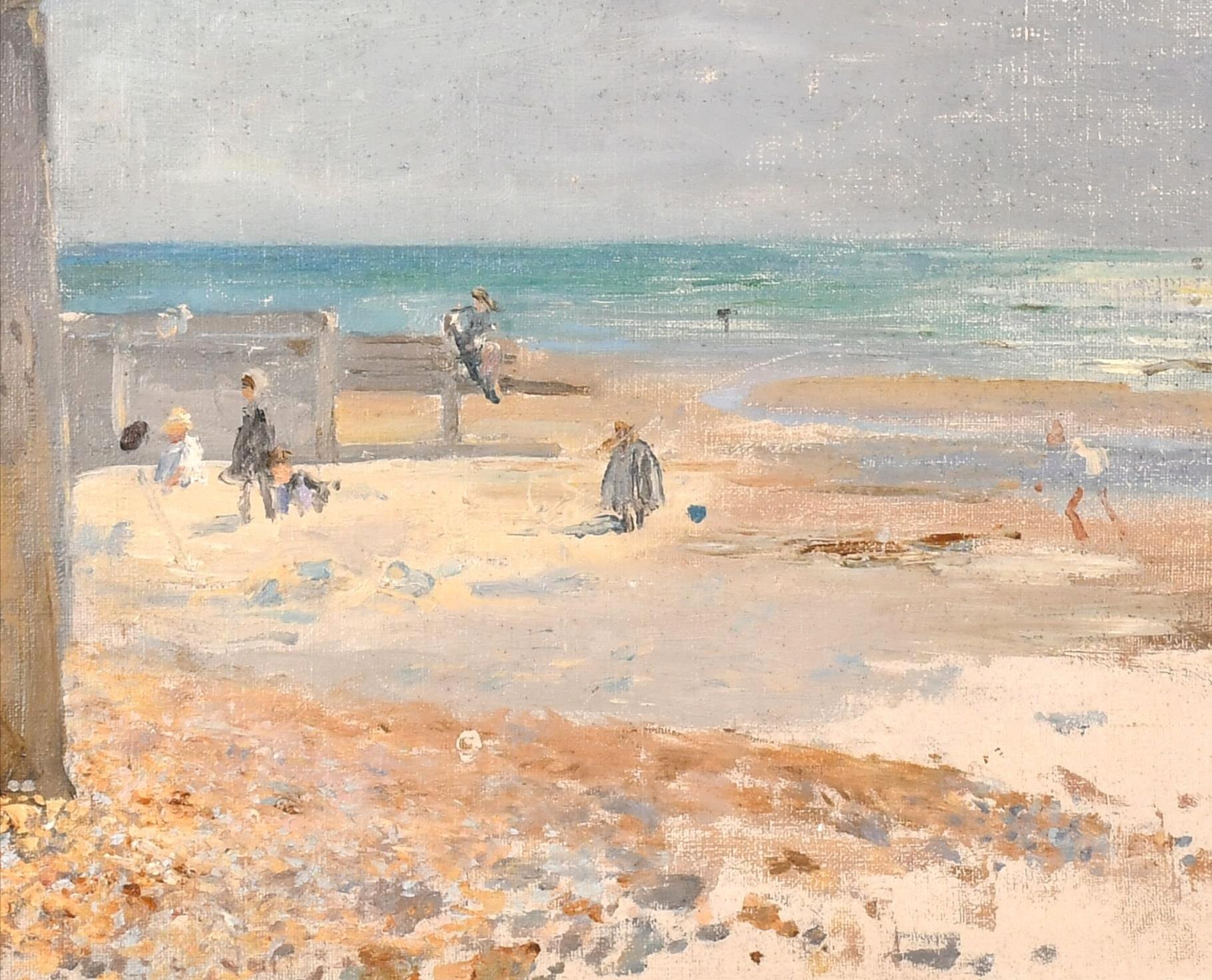 A beautiful early 20th century English Impressionist oil on board depicting figures on a beach.

The work is very well painted and atmospheric. Presented in a swept painted frame.

Artist: English School, early 20th century
Title: Figures on the