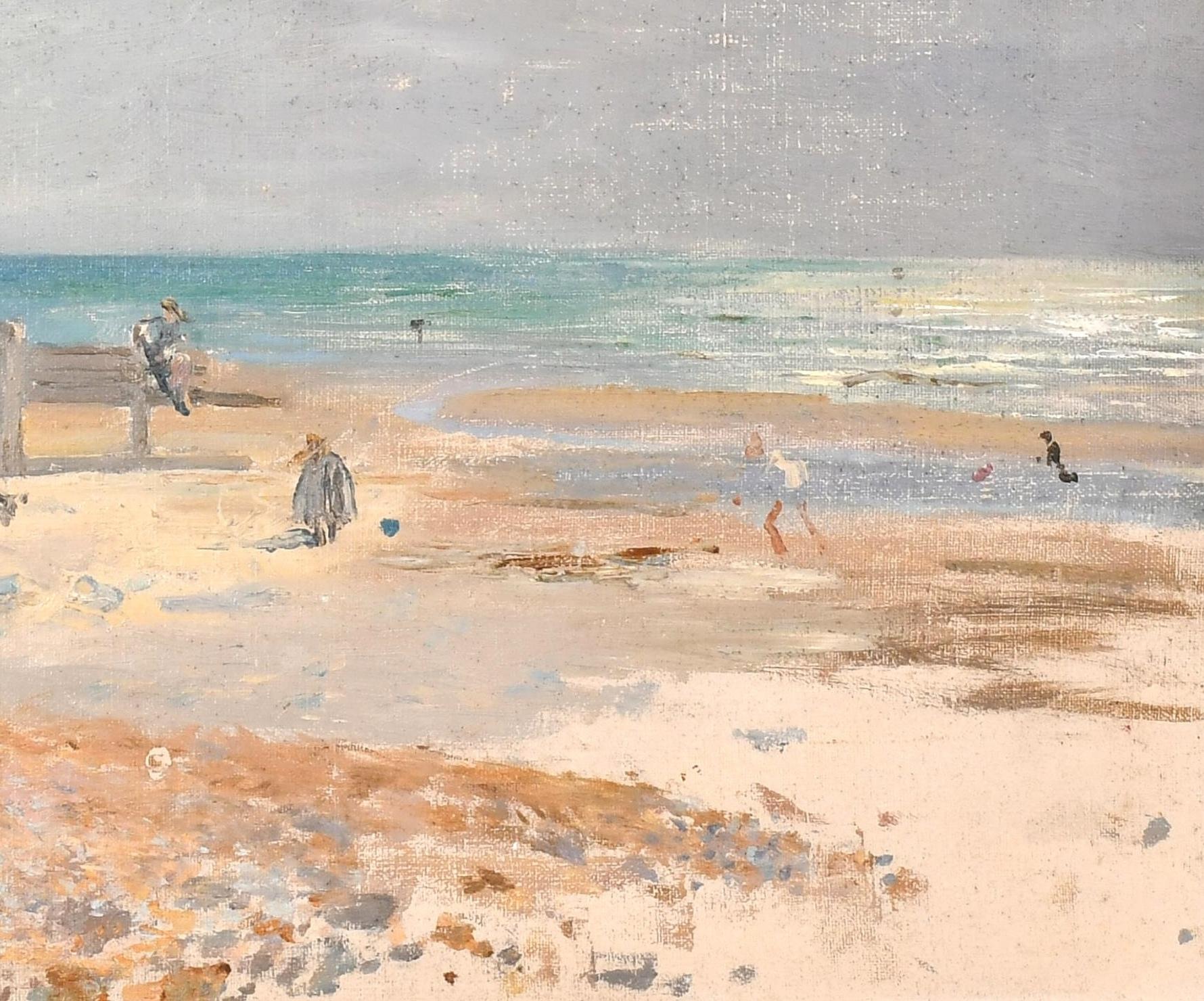 Figures on the Beach - Antique English Impressionist Coastal Oil Painting 1