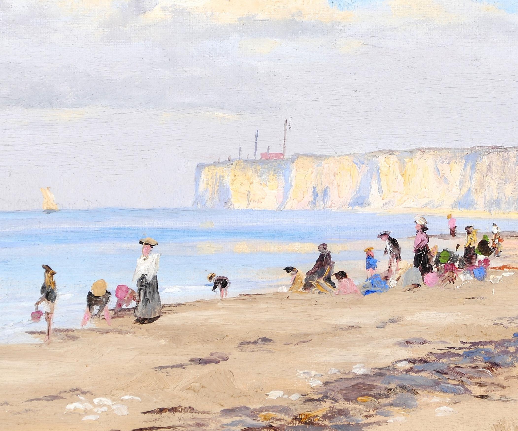 Figure sulla spiaggia - Antico dipinto a olio costiero di English Impressionist 1