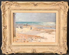 Figures on the Beach - Antique English Impressionist Coastal Oil Painting