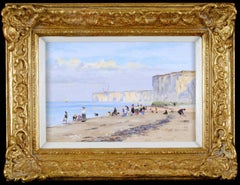 Figure sulla spiaggia - Antico dipinto a olio costiero di English Impressionist
