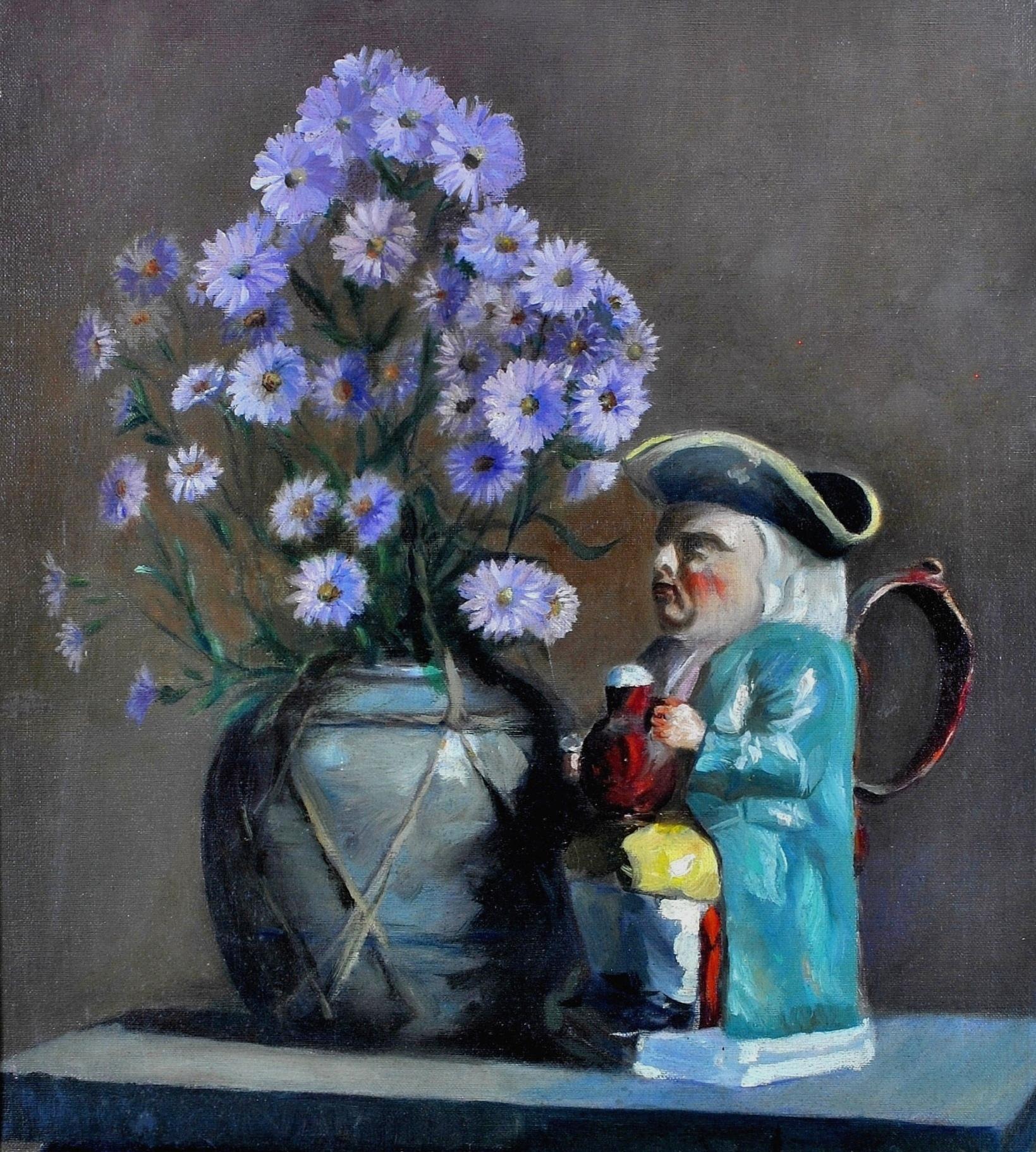 Fiori e brocca di Toby - Olio su tela inglese - Natura morta di ceramica antica