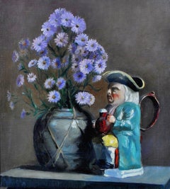 Flowers & Toby Jug - English Oil on Canvas Antique Pottery Still Life Painting