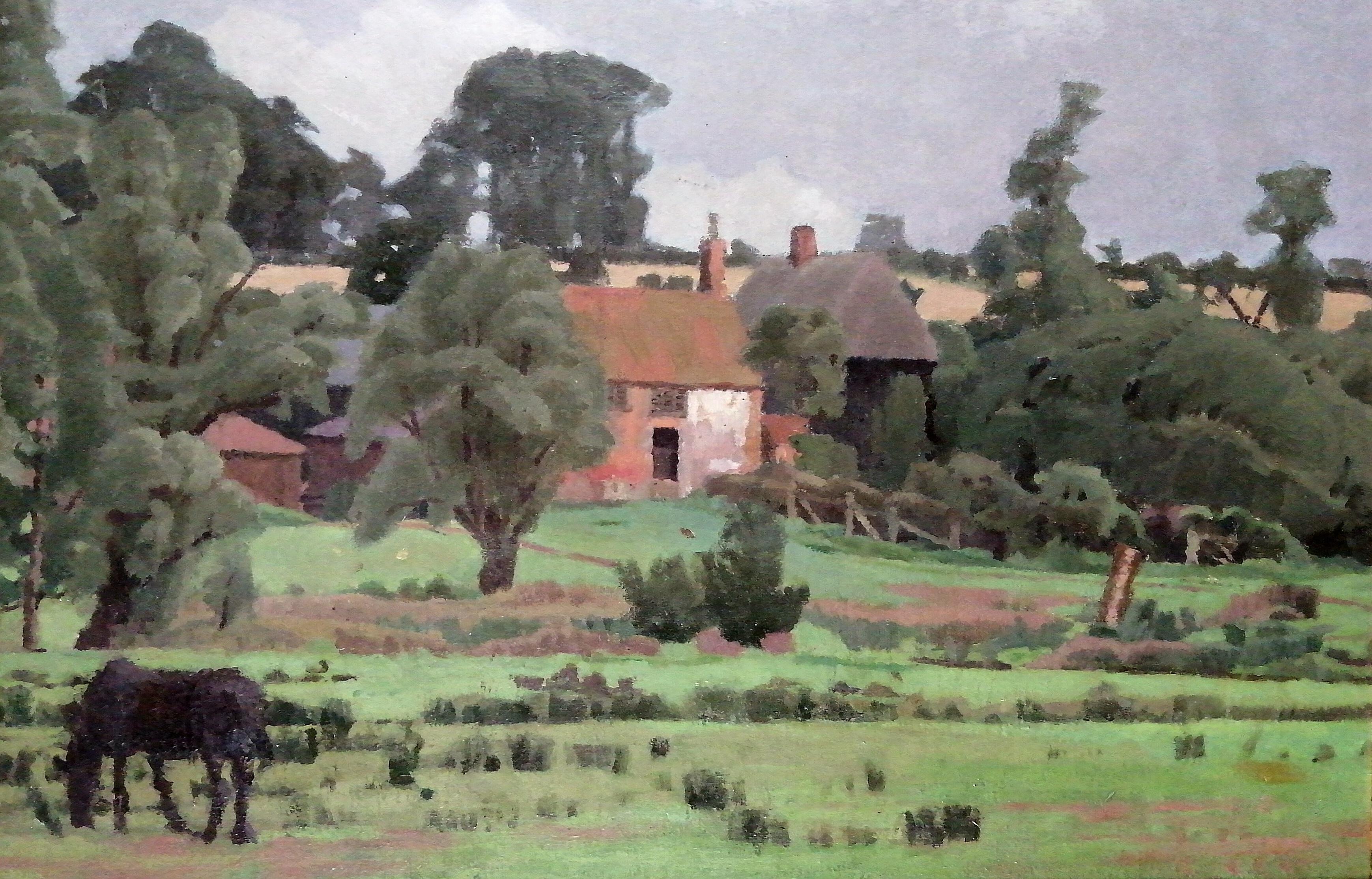 Cavallo nell'aia - Pittura ad olio di paesaggio Modern British dei primi del Novecento - Painting di Early 20th Century English School