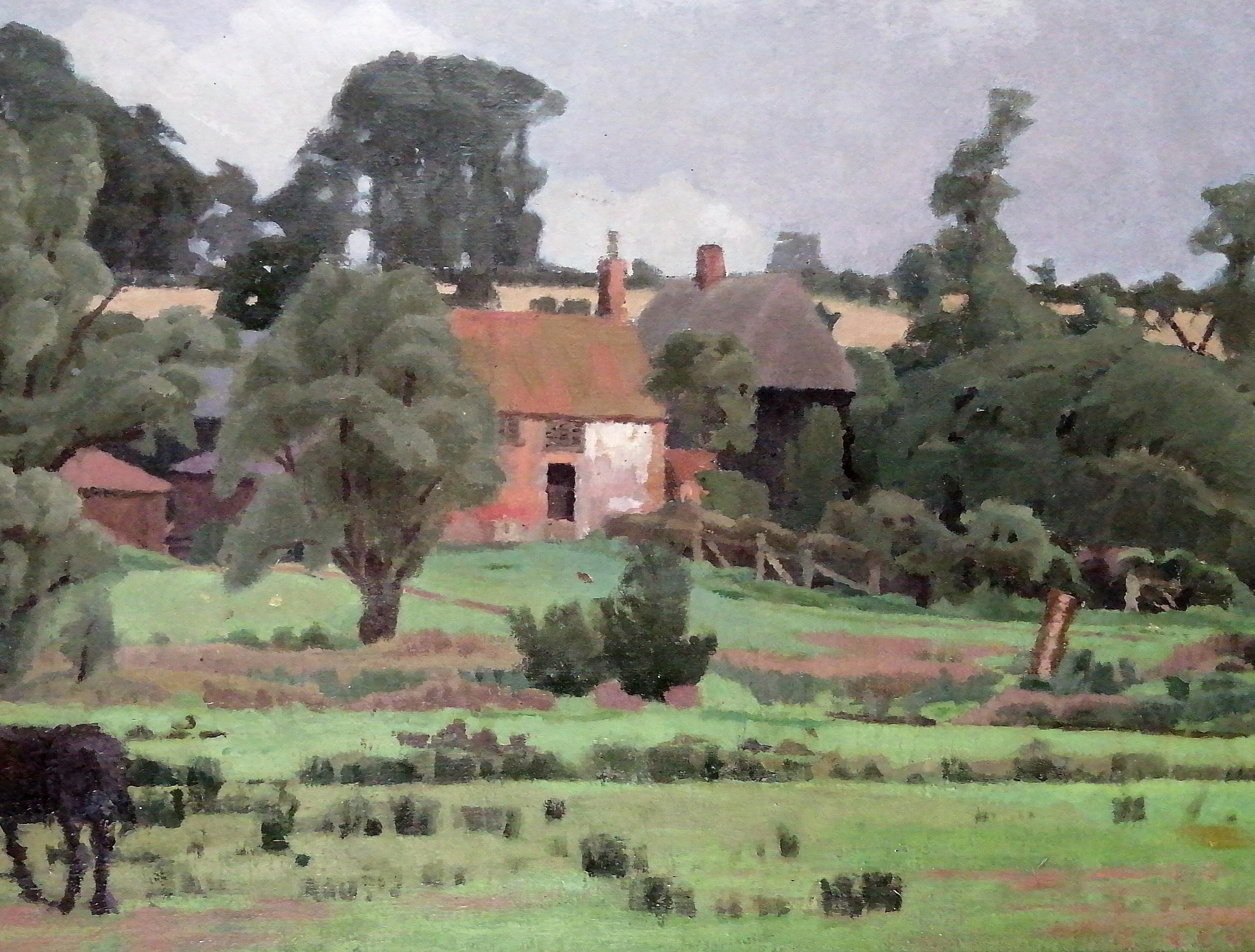 Cavallo nell'aia - Pittura ad olio di paesaggio Modern British dei primi del Novecento - Landscape Painting Marrone di Early 20th Century English School