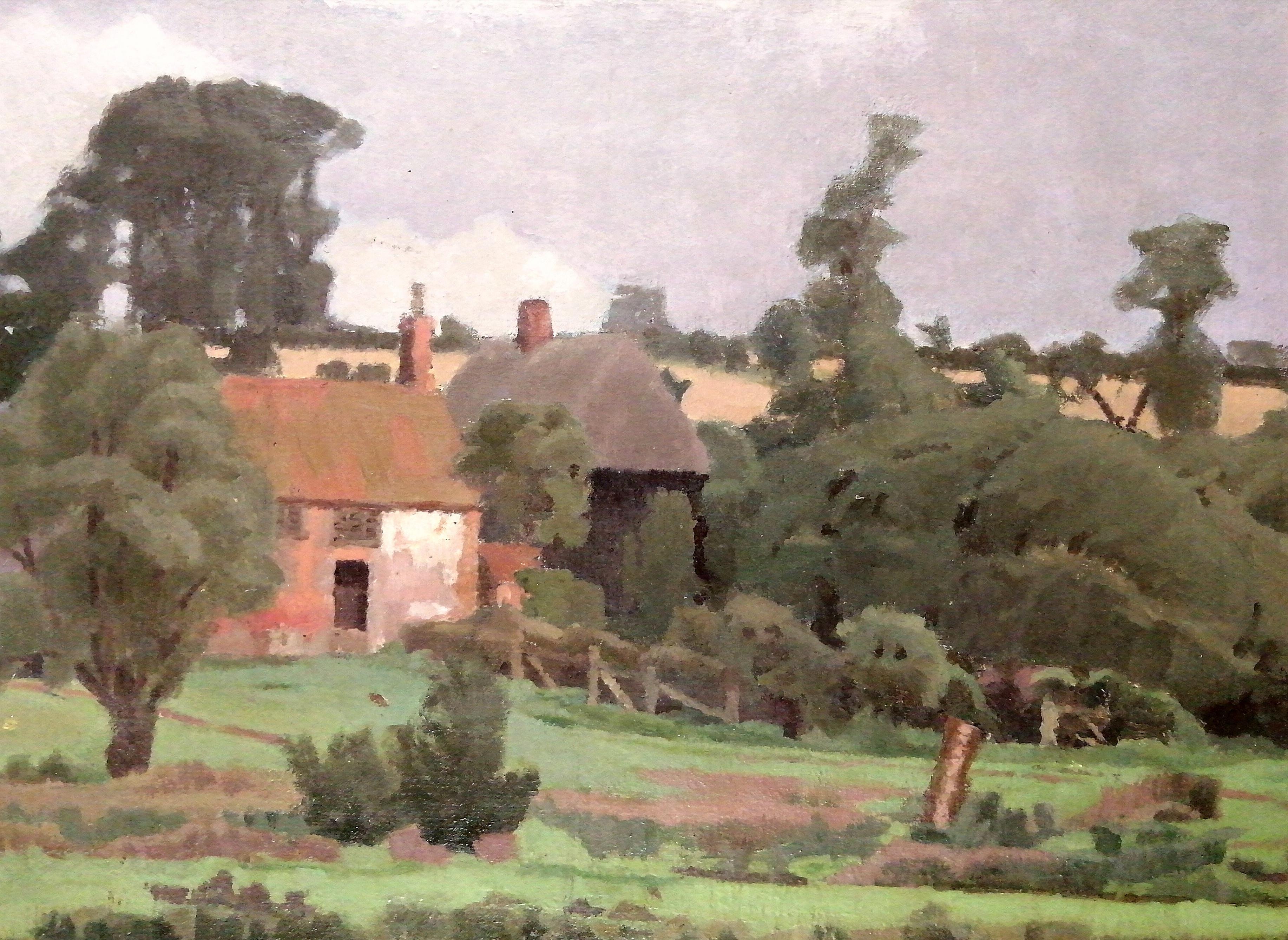 Cavallo nell'aia - Pittura ad olio di paesaggio Modern British dei primi del Novecento in vendita 1