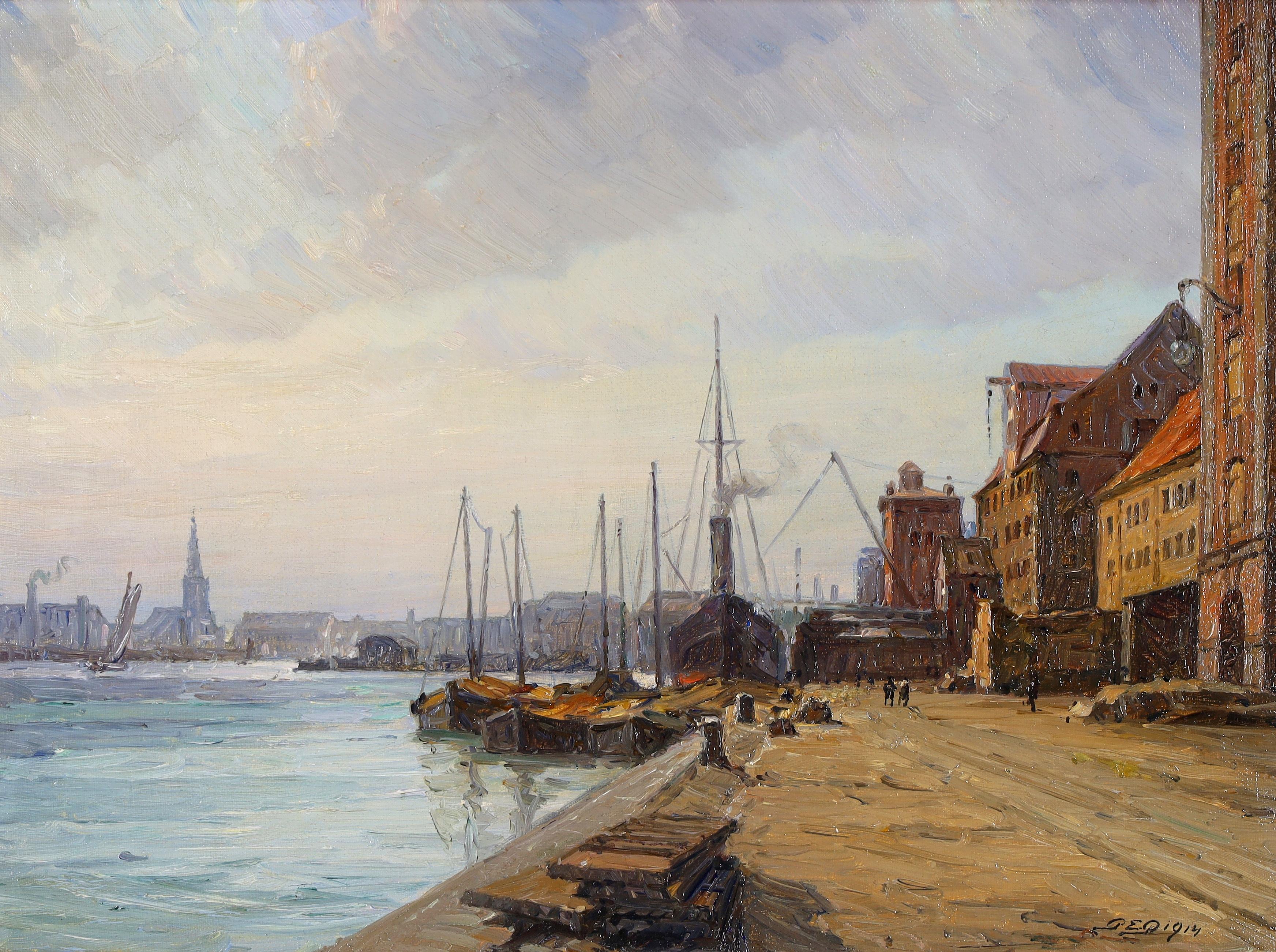 Docks di Londra - Pittura industriale navale inglese antica dei primi del Novecento - Painting di Early 20th Century English School