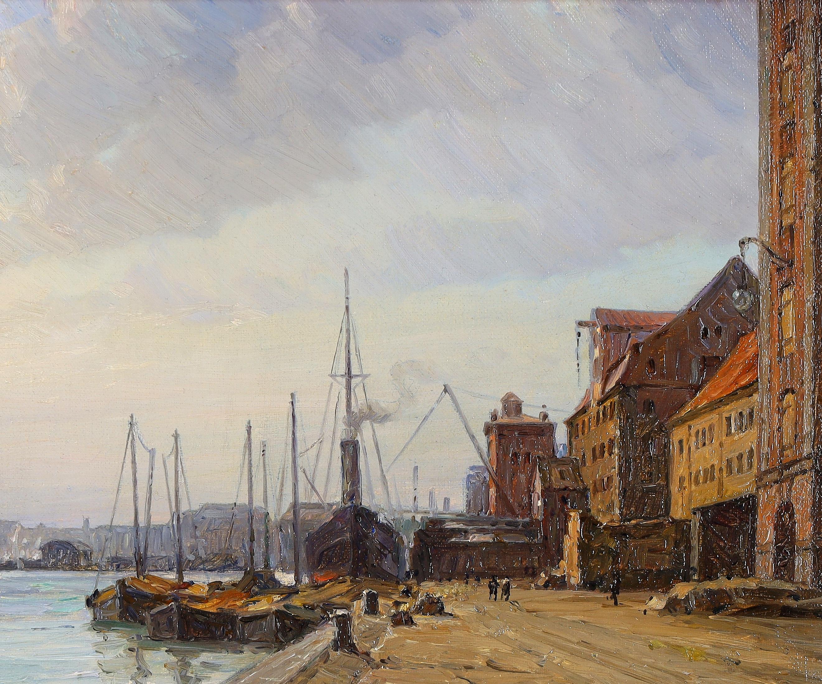 Docks di Londra - Pittura industriale navale inglese antica dei primi del Novecento - Landscape Painting Beige di Early 20th Century English School