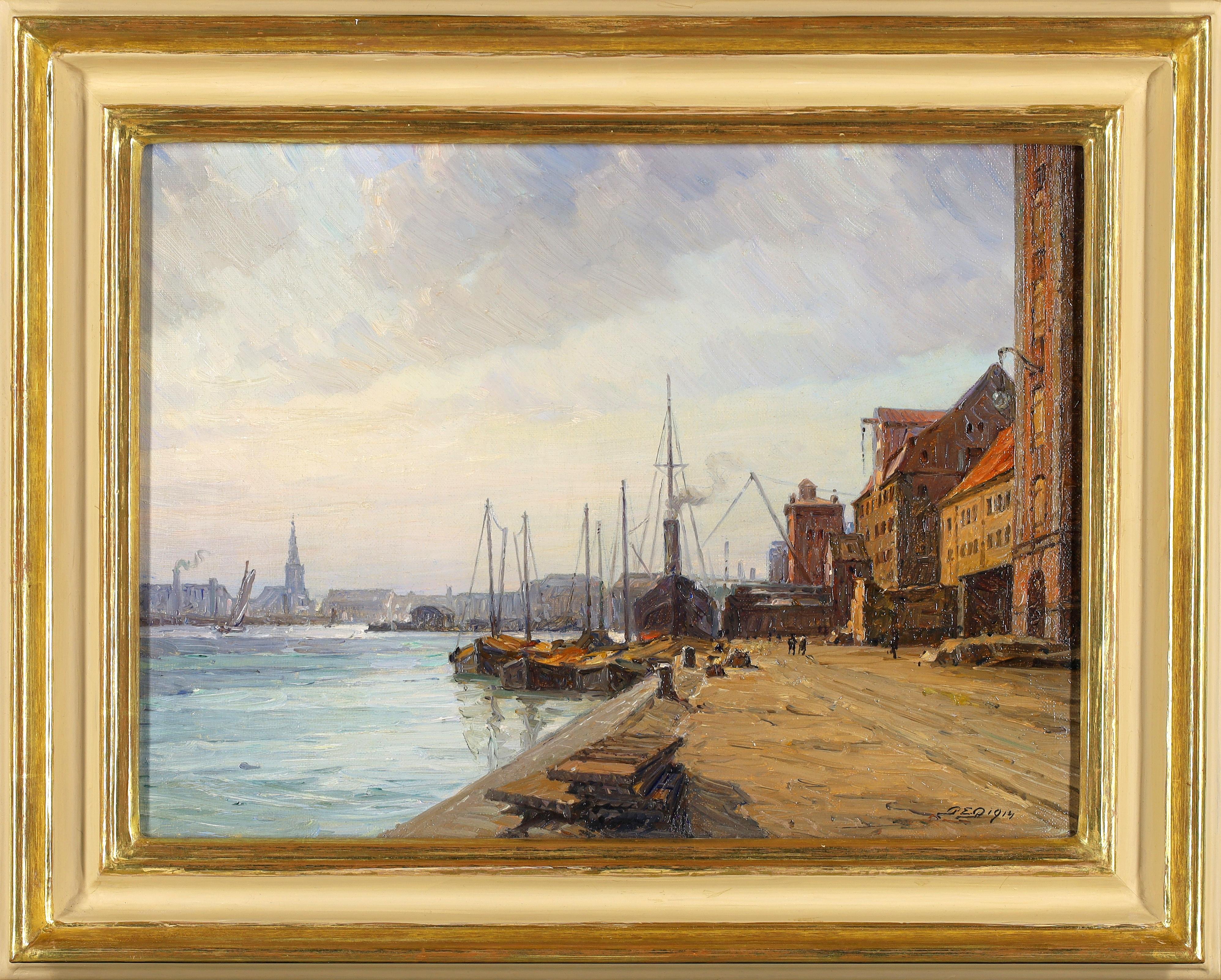 Landscape Painting di Early 20th Century English School - Docks di Londra - Pittura industriale navale inglese antica dei primi del Novecento