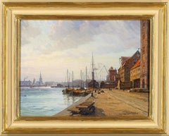 London Docks - Early 20th Century Antique English Shipping Industrial Painting