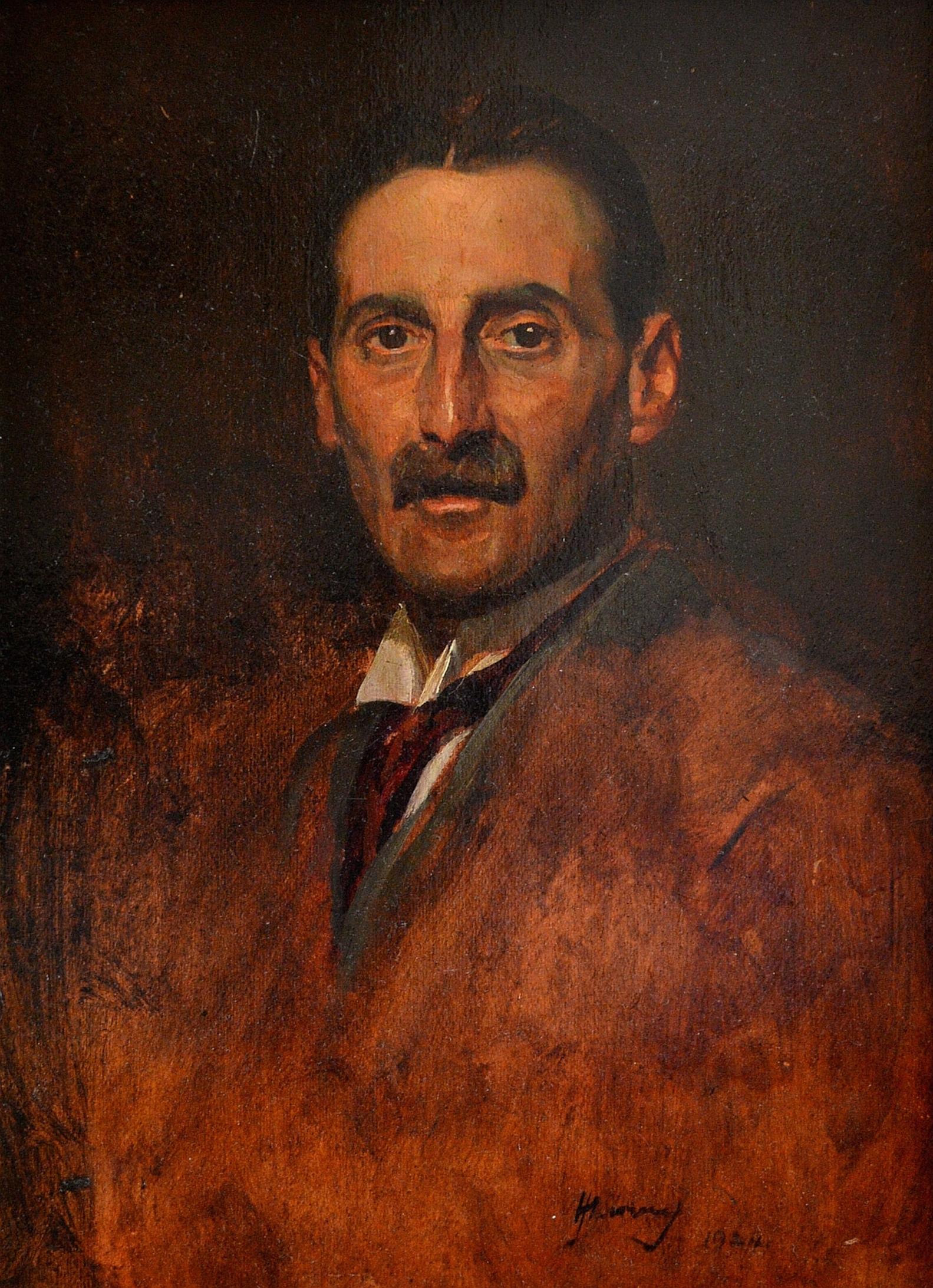 Ritratto di un gentiluomo - dipinto olio su tavola in stile Art Deco inglese degli anni Venti - Painting di Early 20th Century English School