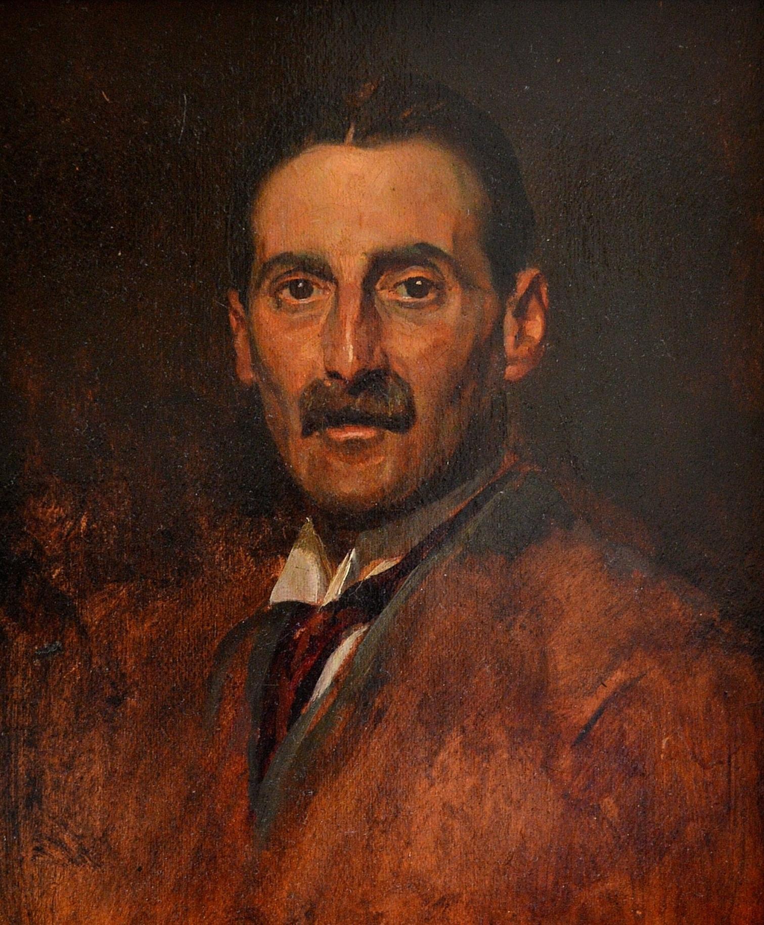 Ritratto di un gentiluomo - dipinto olio su tavola in stile Art Deco inglese degli anni Venti - Portrait Painting Marrone di Early 20th Century English School
