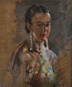 Portrait of a Lady - English Art Deco Impressionist Antique Oil Sketch Painting