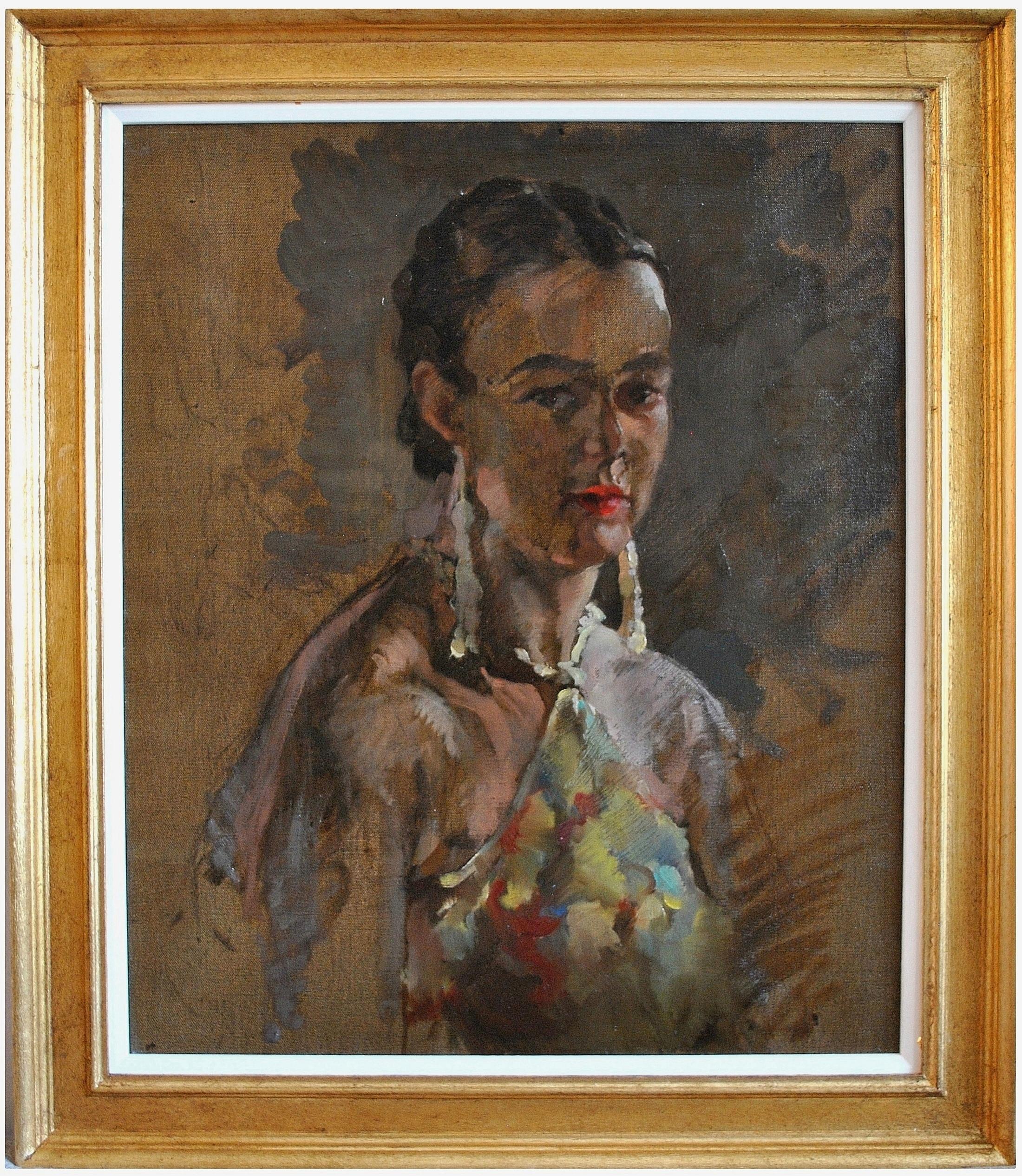 Portrait Painting de Early 20th Century English School - Retrato de una Dama - Pintura al Óleo Antigua Art Decó Inglesa Impresionista