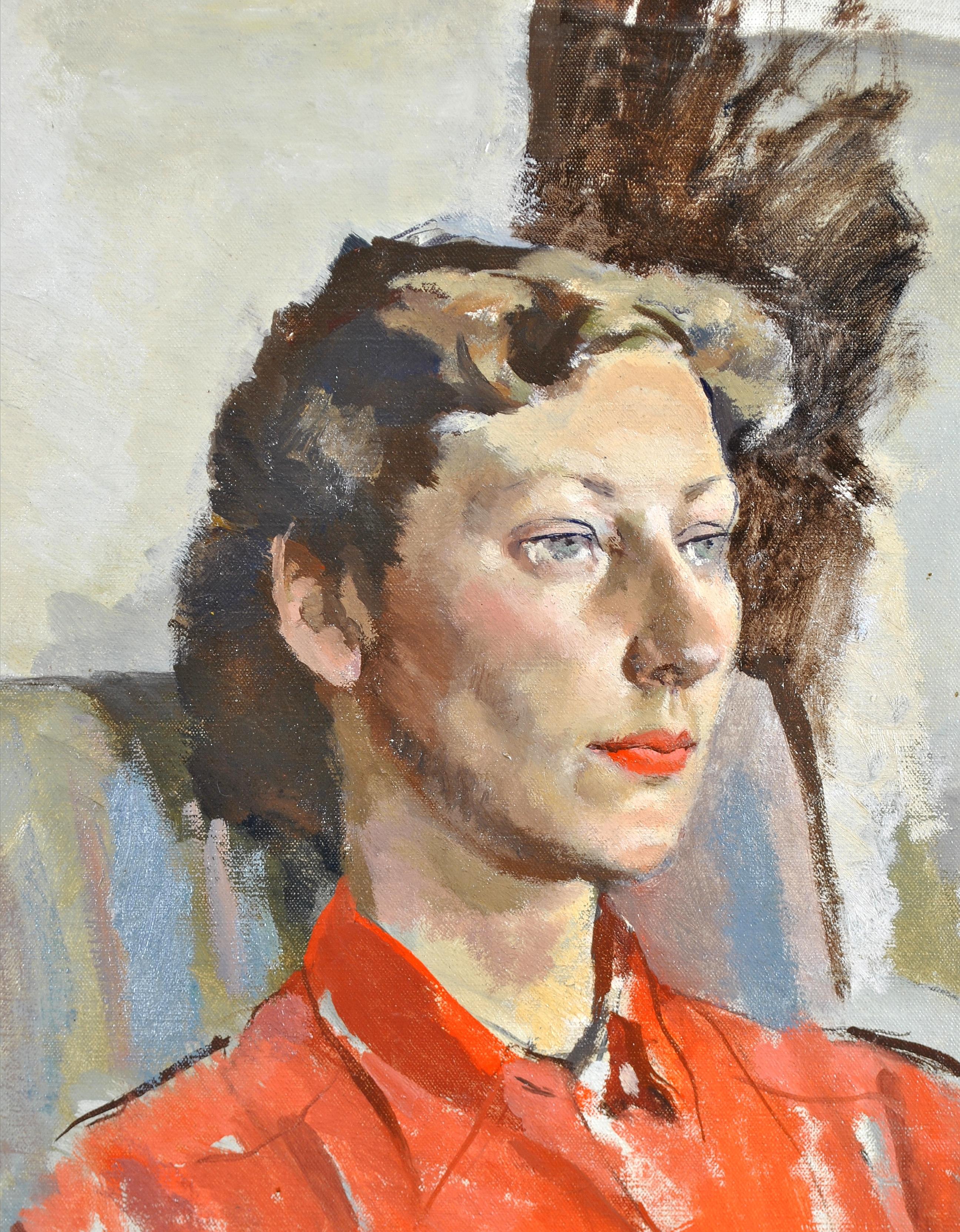 A superb 1930's Modern British oil on canvas portrait of a seated lady wearing a red shirt. The work is very beautiful and whilst unsigned is quite clearly by an artist of very high quality. Presented in a painted wood frame with fabric