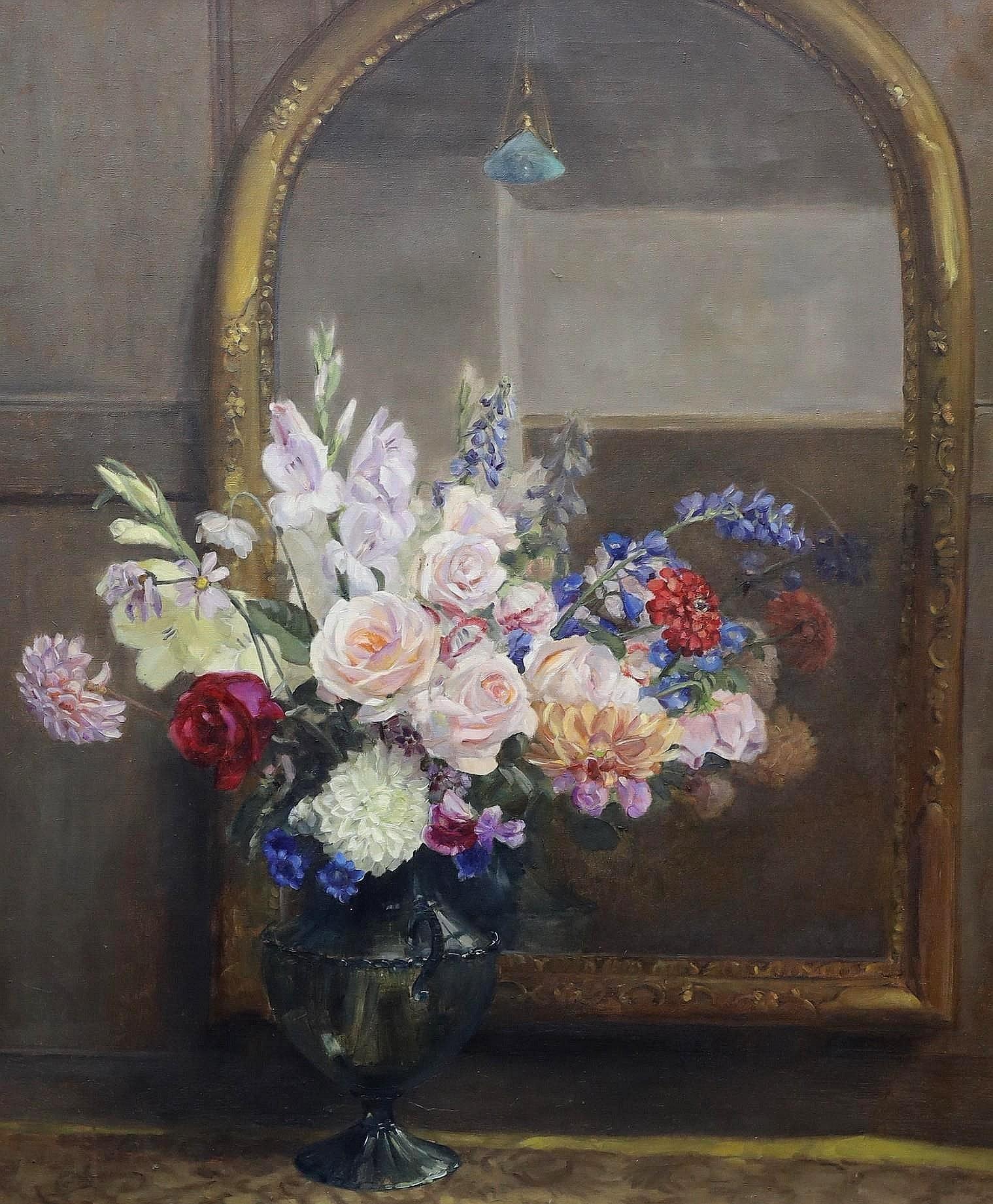Riflessioni - Grande pittura ad olio di inizio Novecento con natura morta di fiori in stile Art Deco - Painting Art Déco di Early 20th Century English School