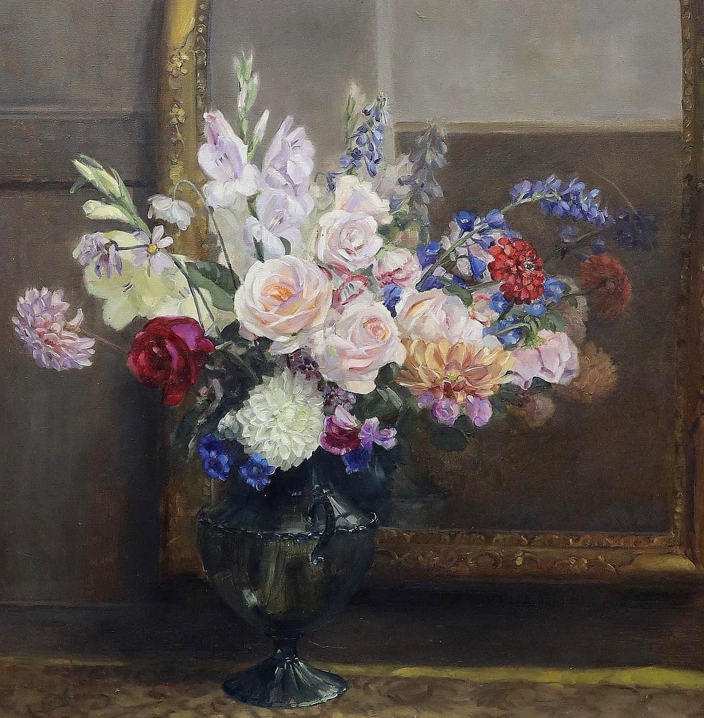 Riflessioni - Grande pittura ad olio di inizio Novecento con natura morta di fiori in stile Art Deco - Still-Life Painting Nero di Early 20th Century English School