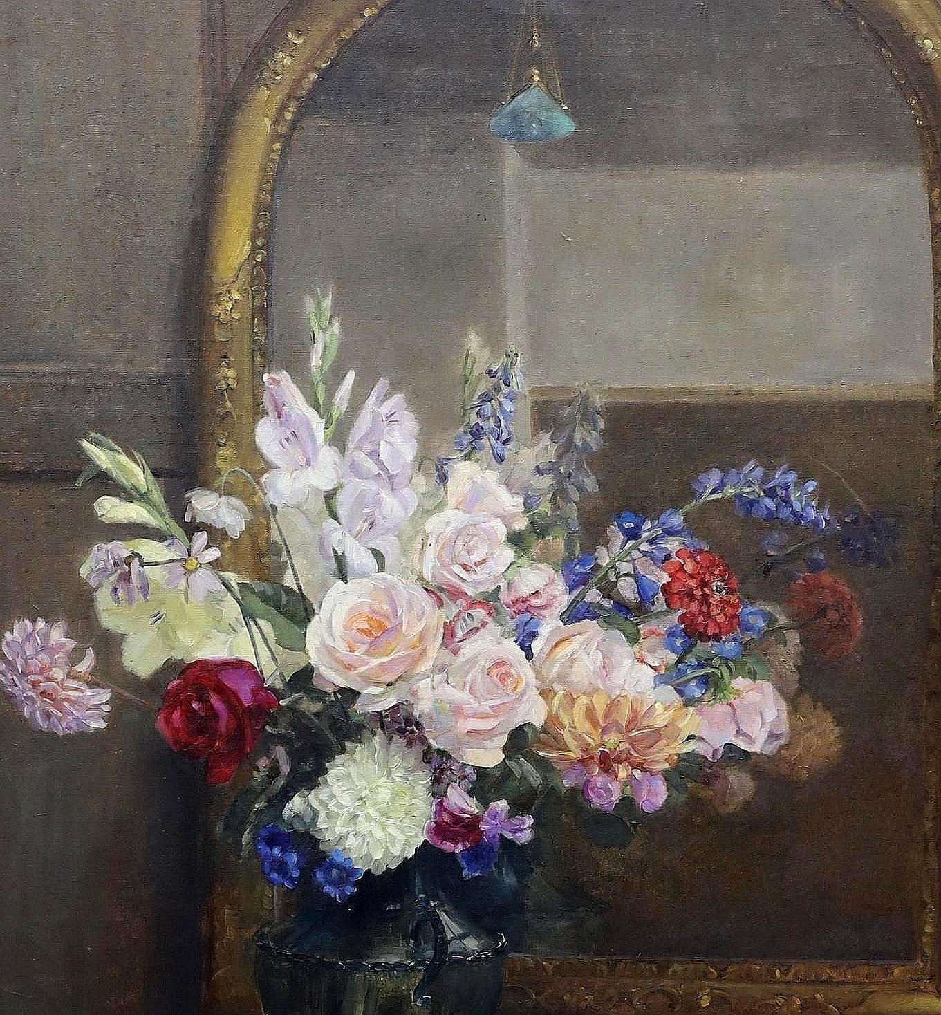 Riflessioni - Grande pittura ad olio di inizio Novecento con natura morta di fiori in stile Art Deco 2