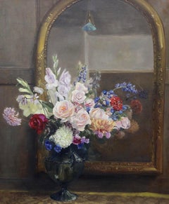 Reflets - Grande peinture à l'huile Art Déco du début du 20ème siècle Nature morte aux fleurs