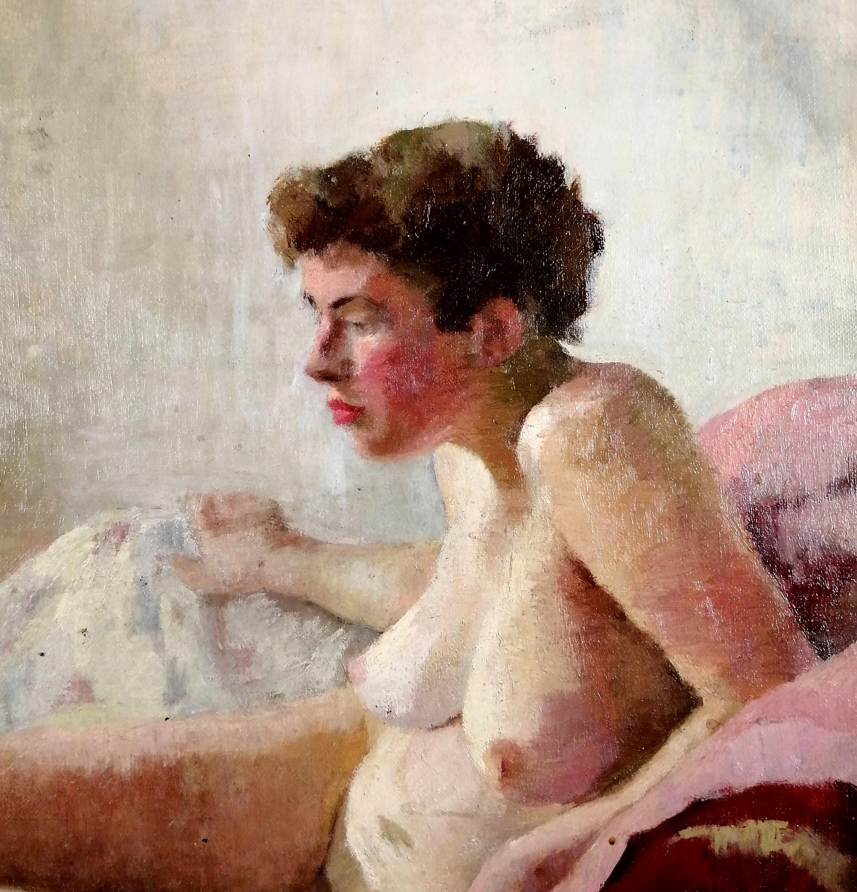 Nudo seduto - Ritratto ad olio di English Impressionist dei primi del Novecento - Portrait Painting Marrone di Early 20th Century English School