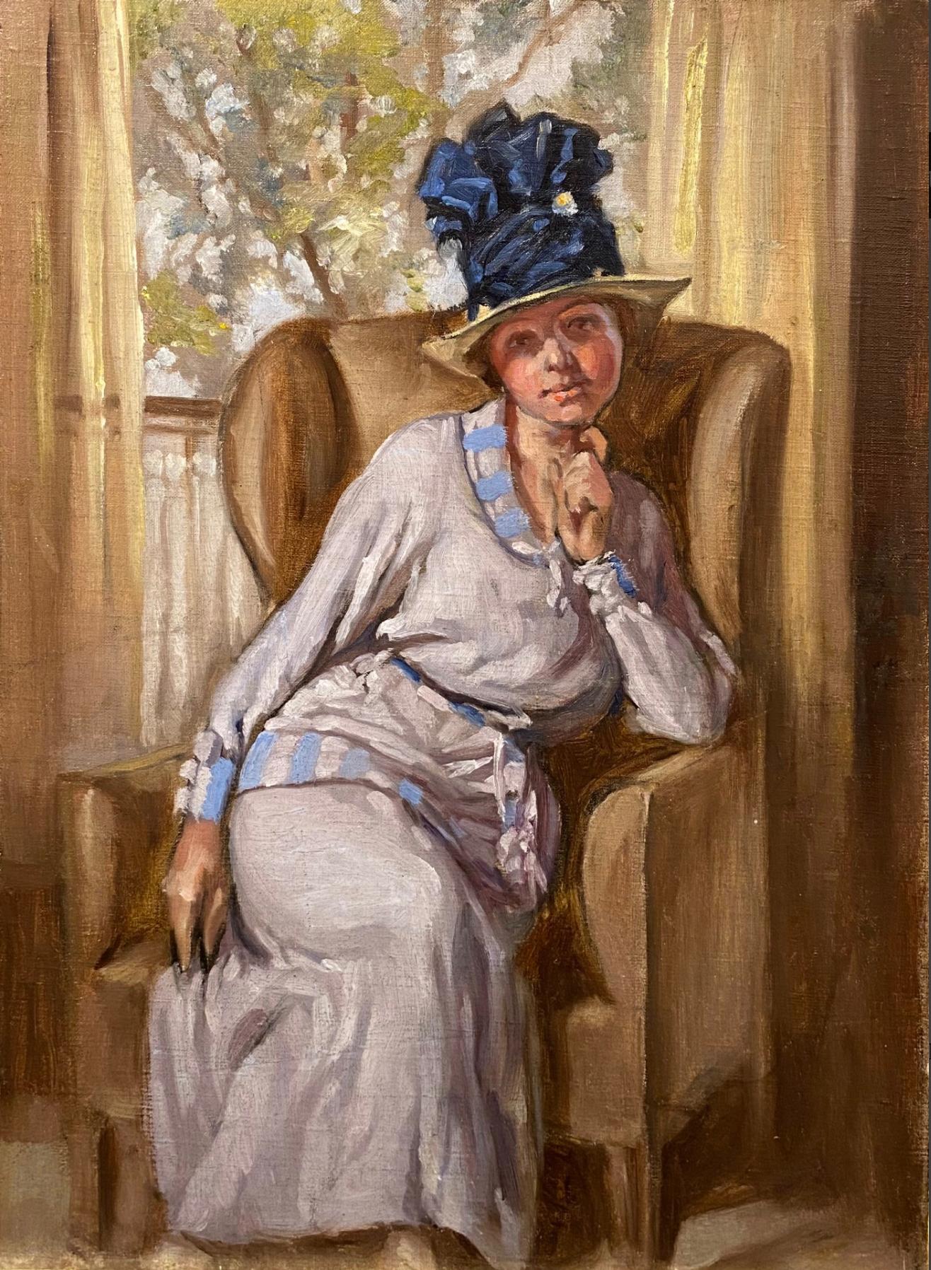 Il nuovo cappello, ritratto a olio britannico del XX secolo, interno
