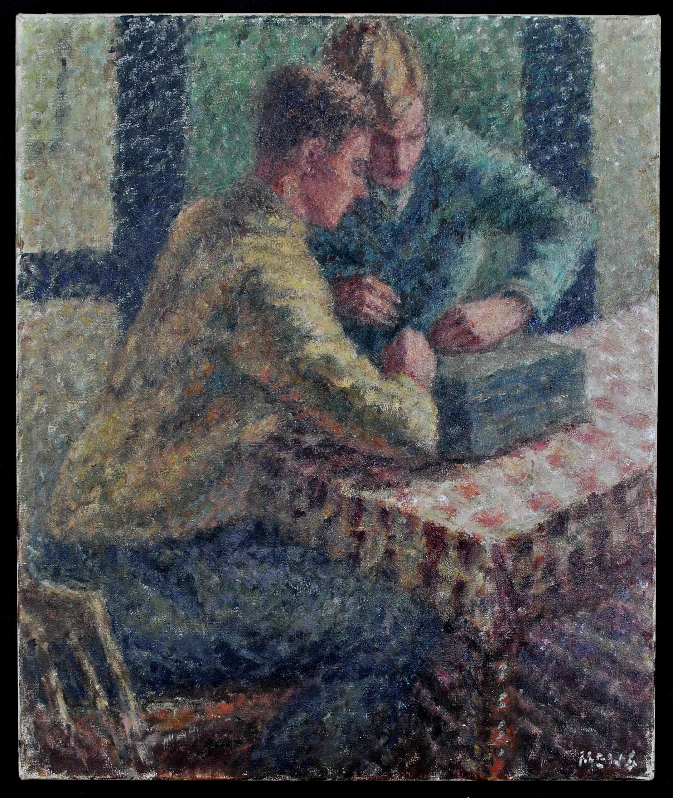 A beautiful c.1930 English post-impressionist / pointillist oil on canvas depicting two young men at a table. The work is superbly executed with a wonderful dappled light and is in very good condition. Signed lower right and again on the reverse. A