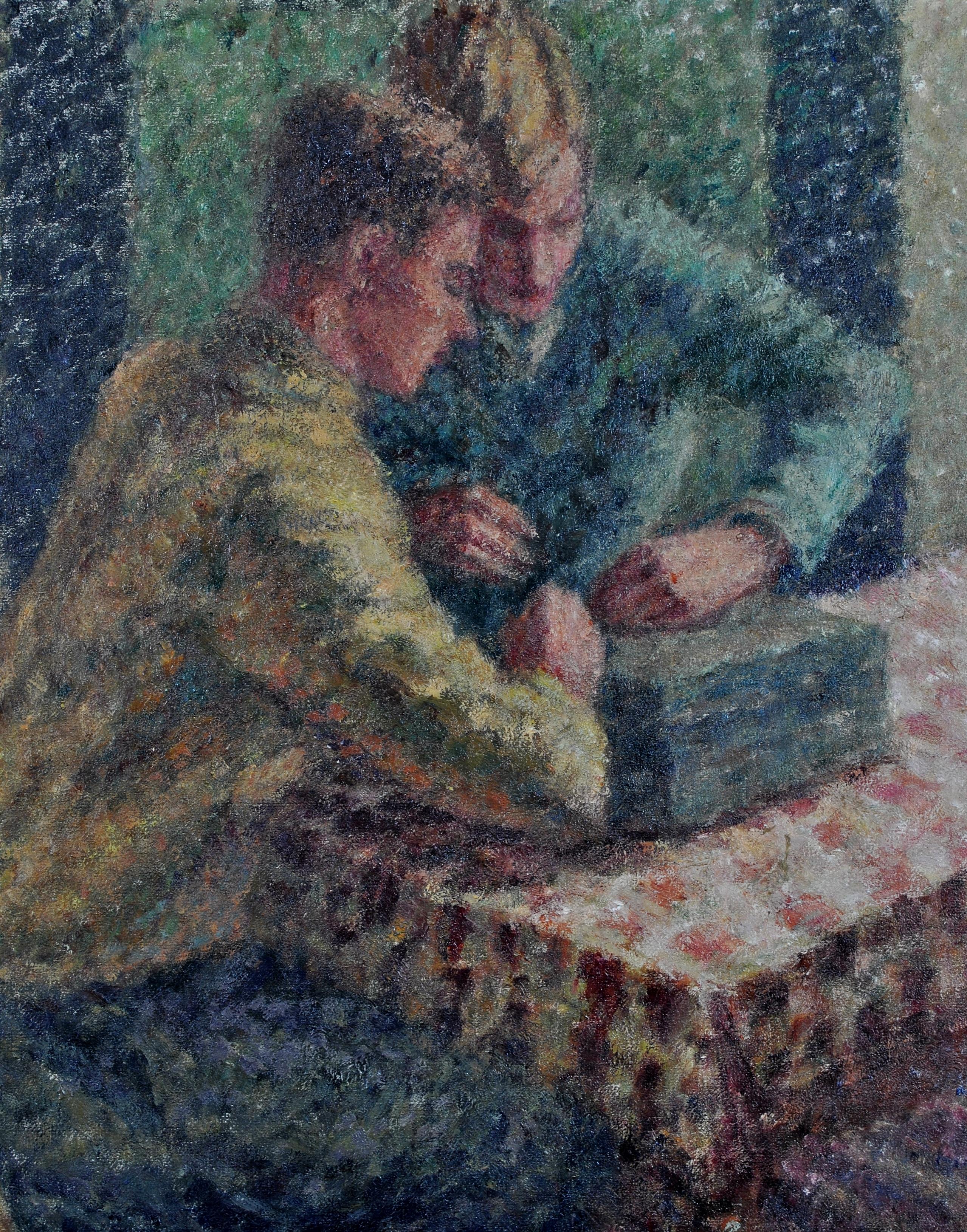 Young Men in an Interior - English Post Impressionist Pointillist Oil Painting For Sale 2
