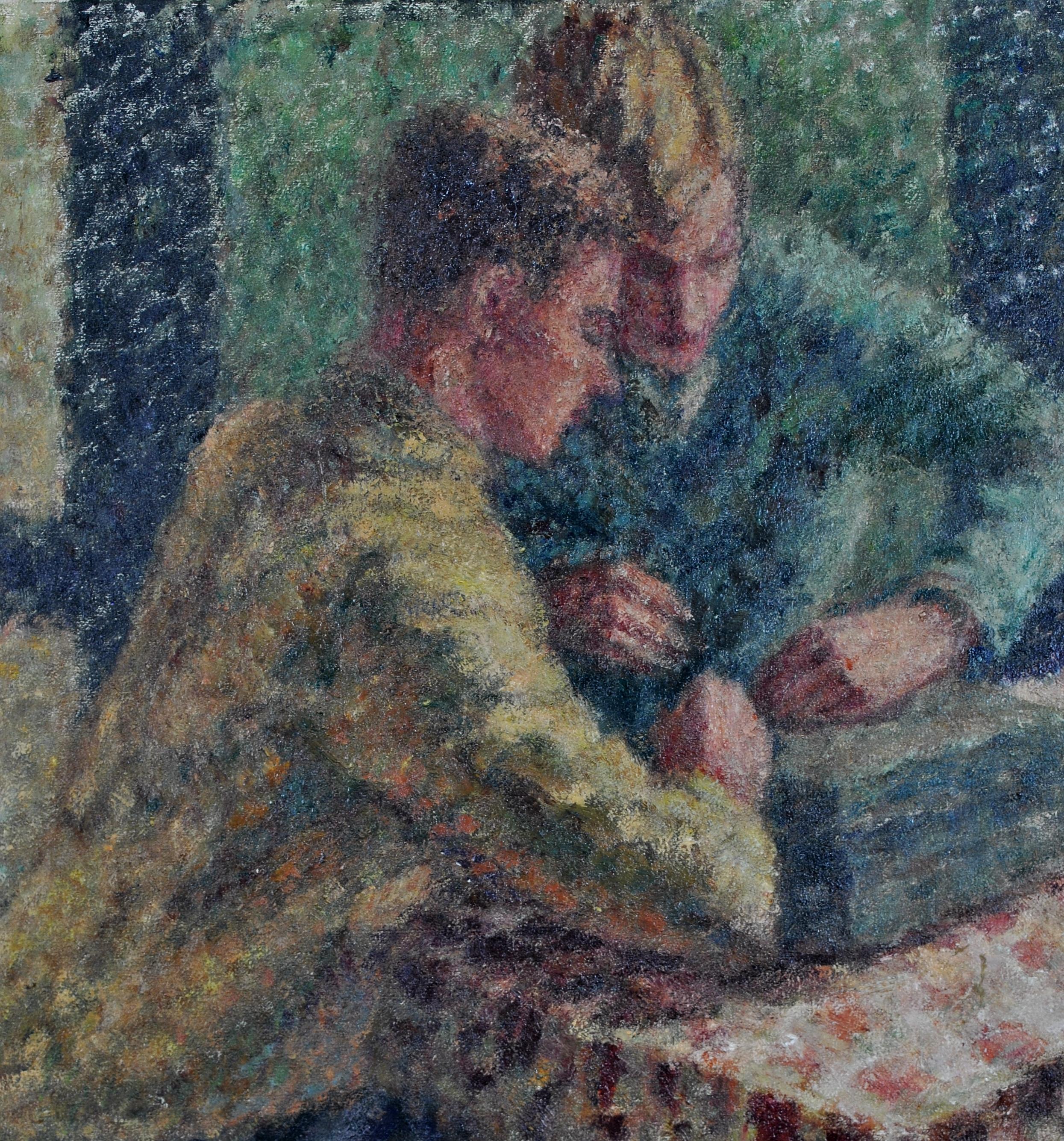 Young Men in an Interior - English Post Impressionist Pointillist Oil Painting For Sale 3