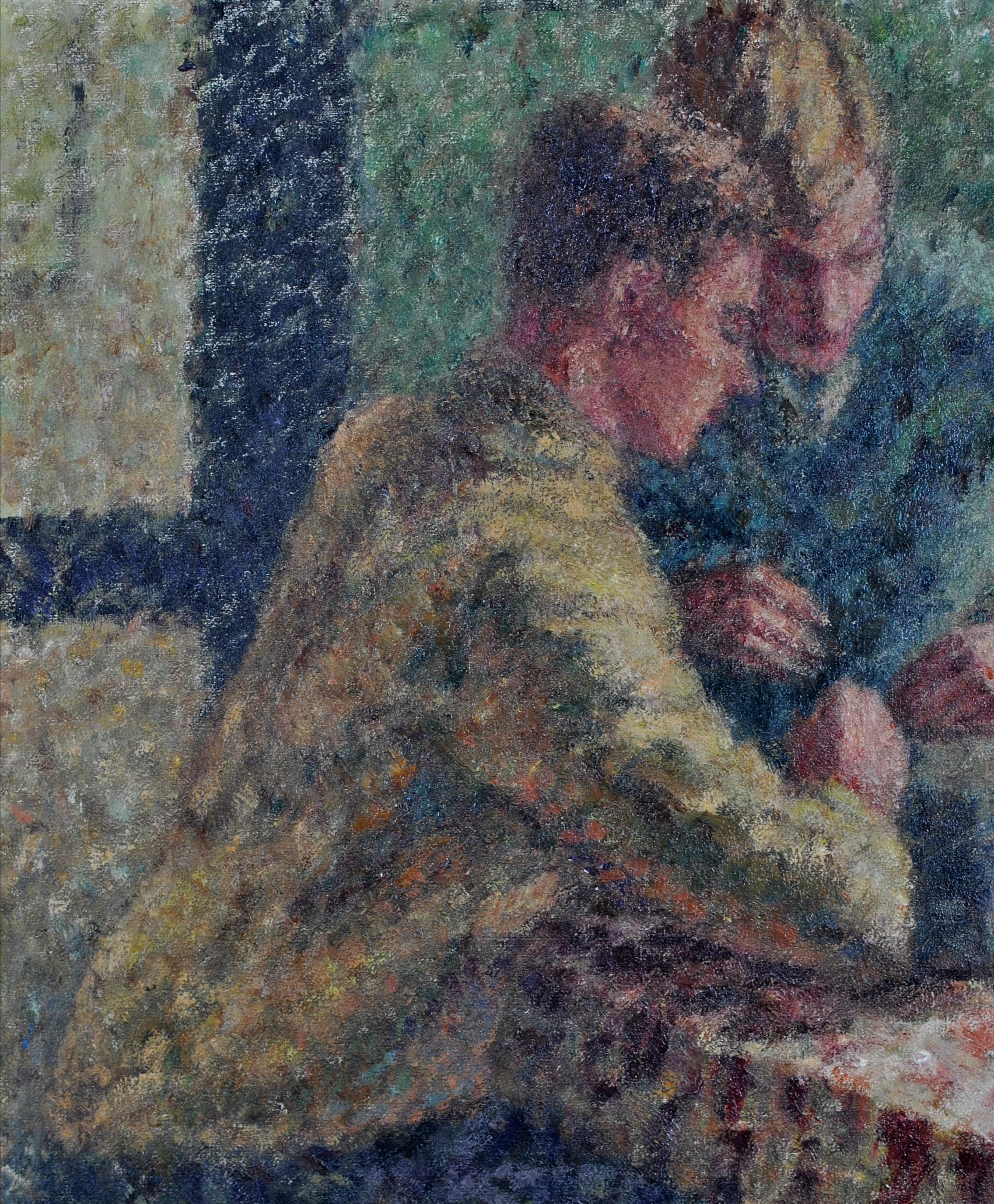 Young Men in an Interior - English Post Impressionist Pointillist Oil Painting For Sale 4