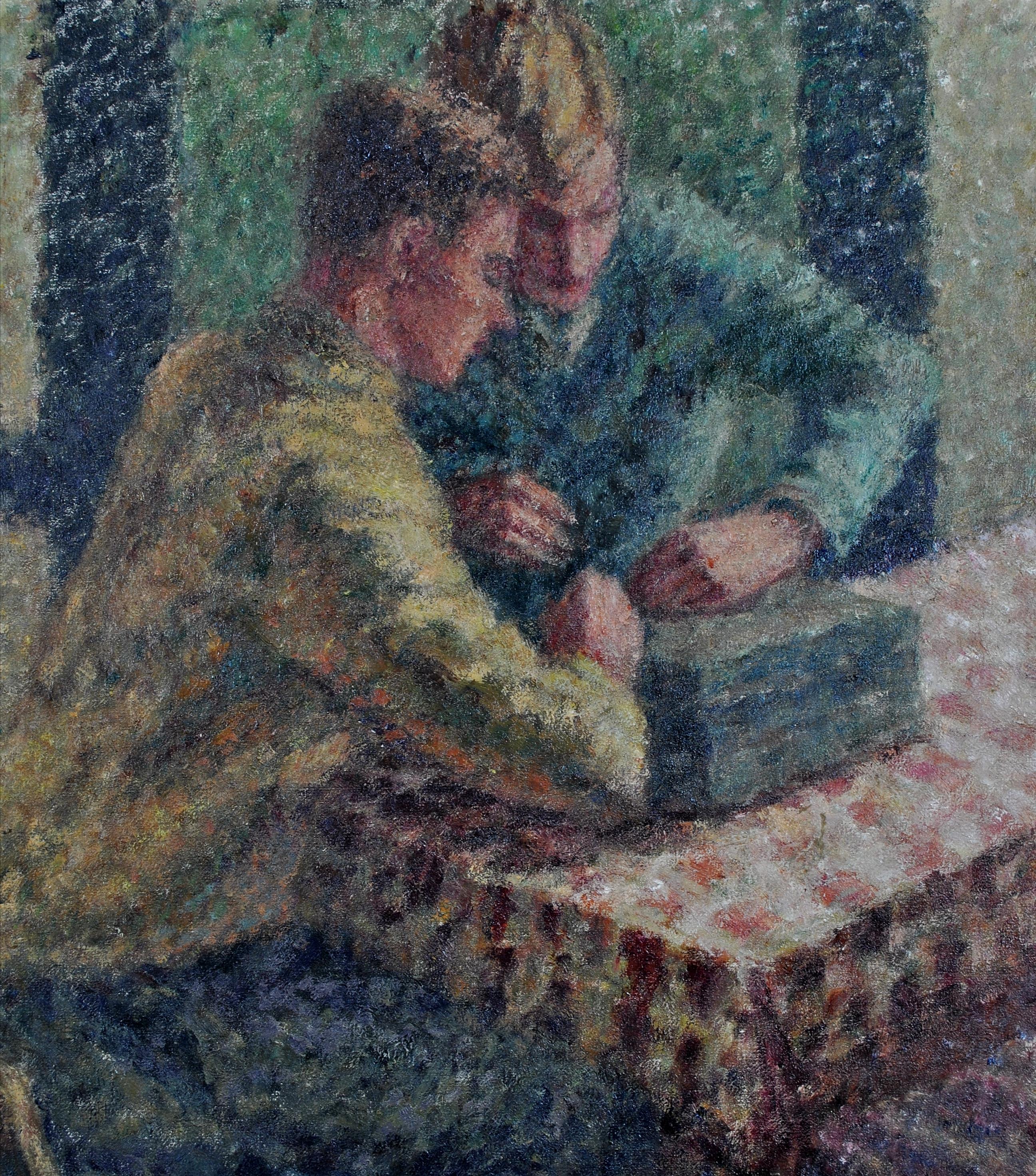 Young Men in an Interior - English Post Impressionist Pointillist Oil Painting For Sale 5