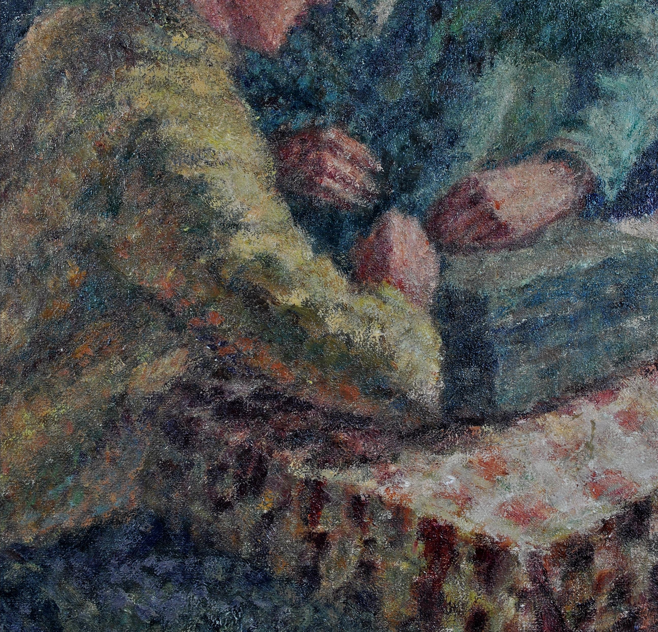 Young Men in an Interior - English Post Impressionist Pointillist Oil Painting For Sale 6