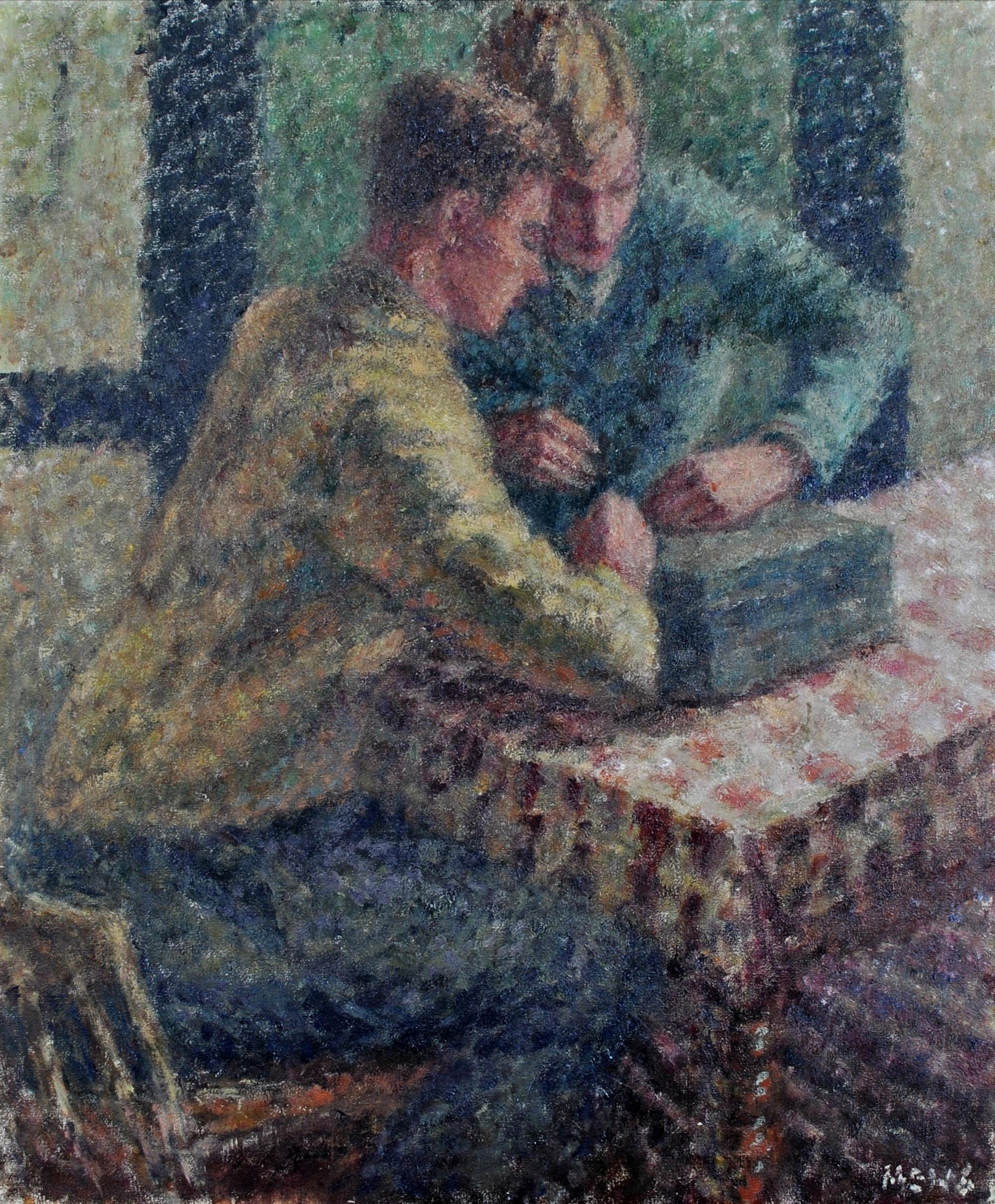 Junge Männer in einem Interieur – Englisches postimpressionistisches, pointillistisches Ölgemälde