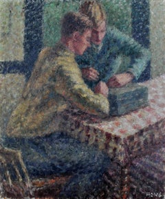 Young Men in an Interior - English Post Impressionist Pointillist Oil Painting