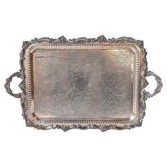 Early 20th Century English Silver Plate Serving Tray with Ornate Handles