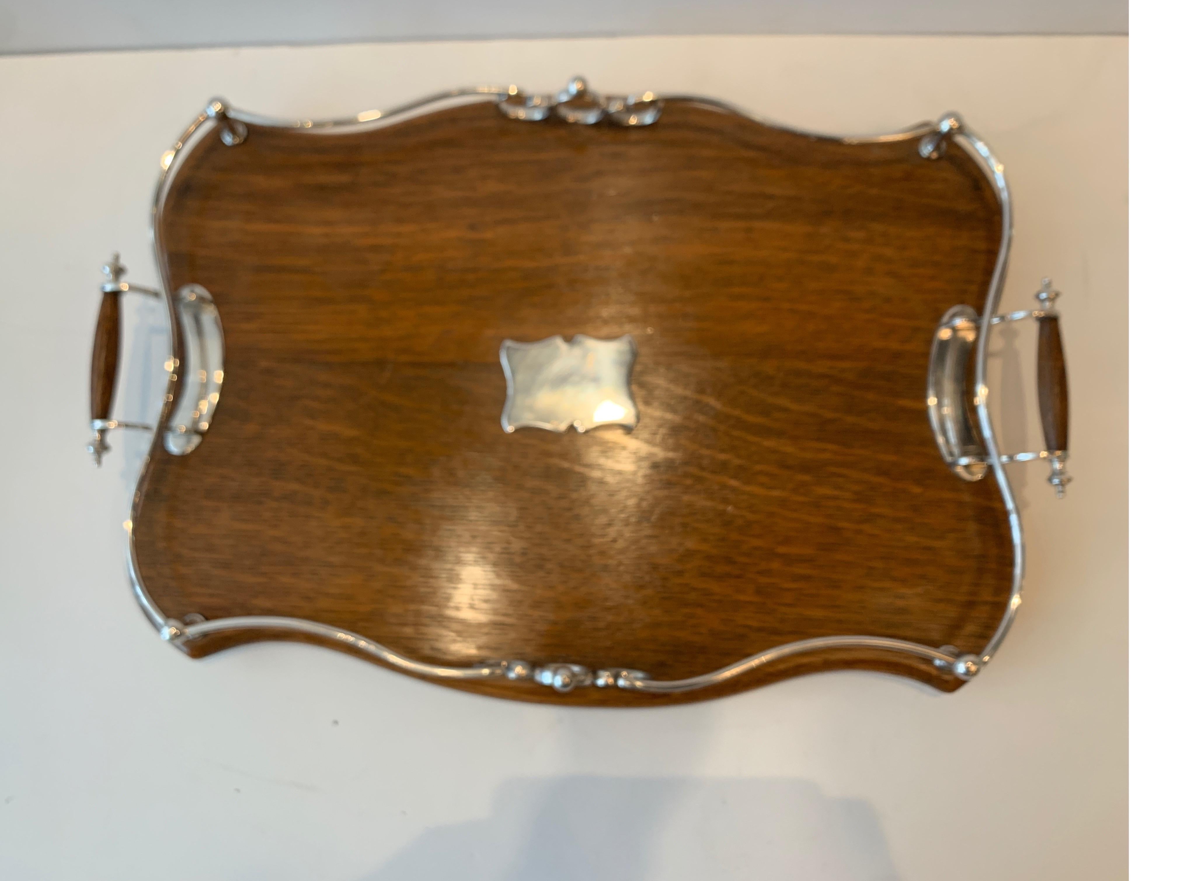 Early 20th Century English Silver-Plate & Solid Oak Gallery Handled Serving Tray For Sale 9