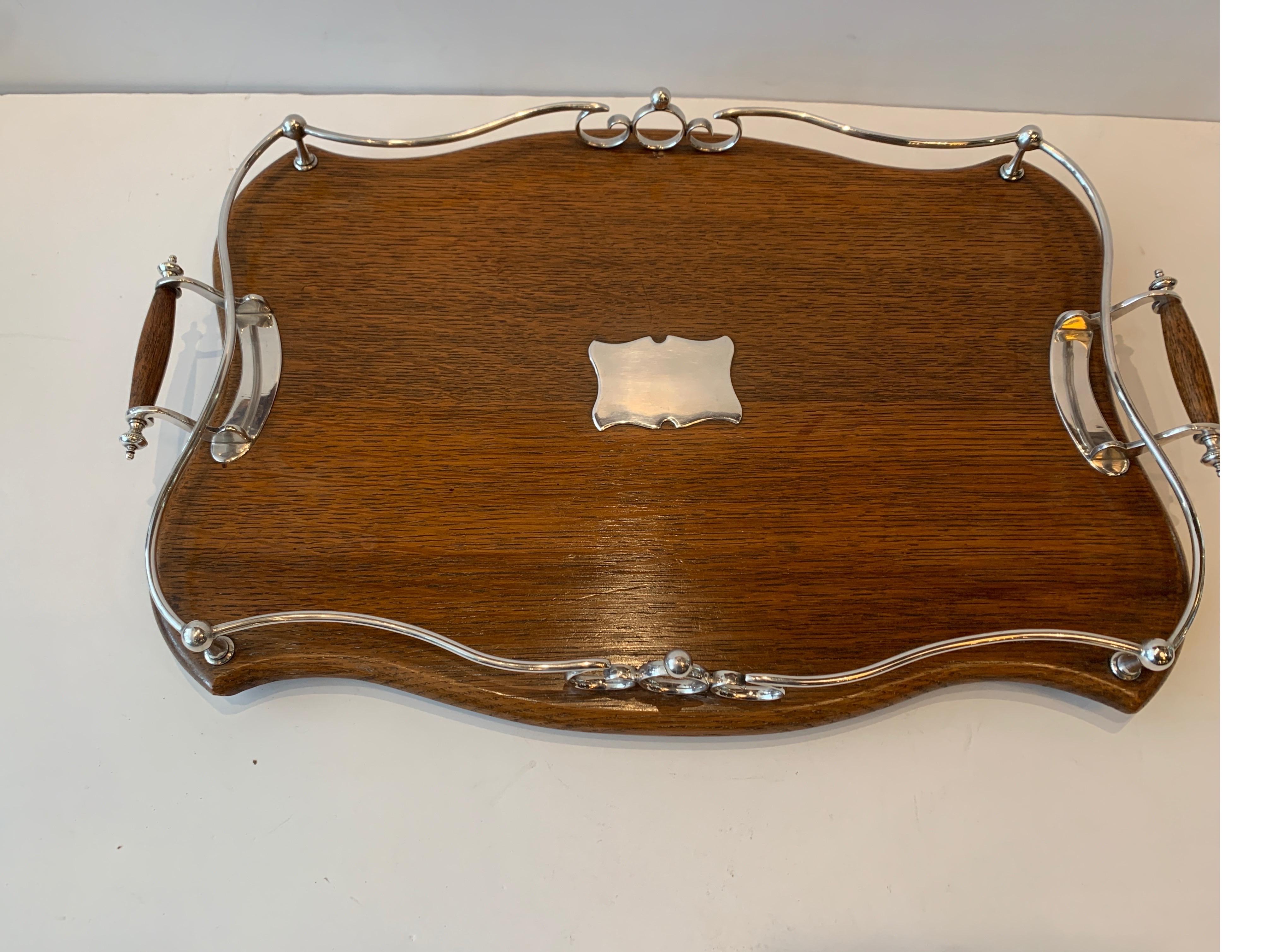 Early 20th Century English Silver-Plate & Solid Oak Gallery Handled Serving Tray For Sale 1