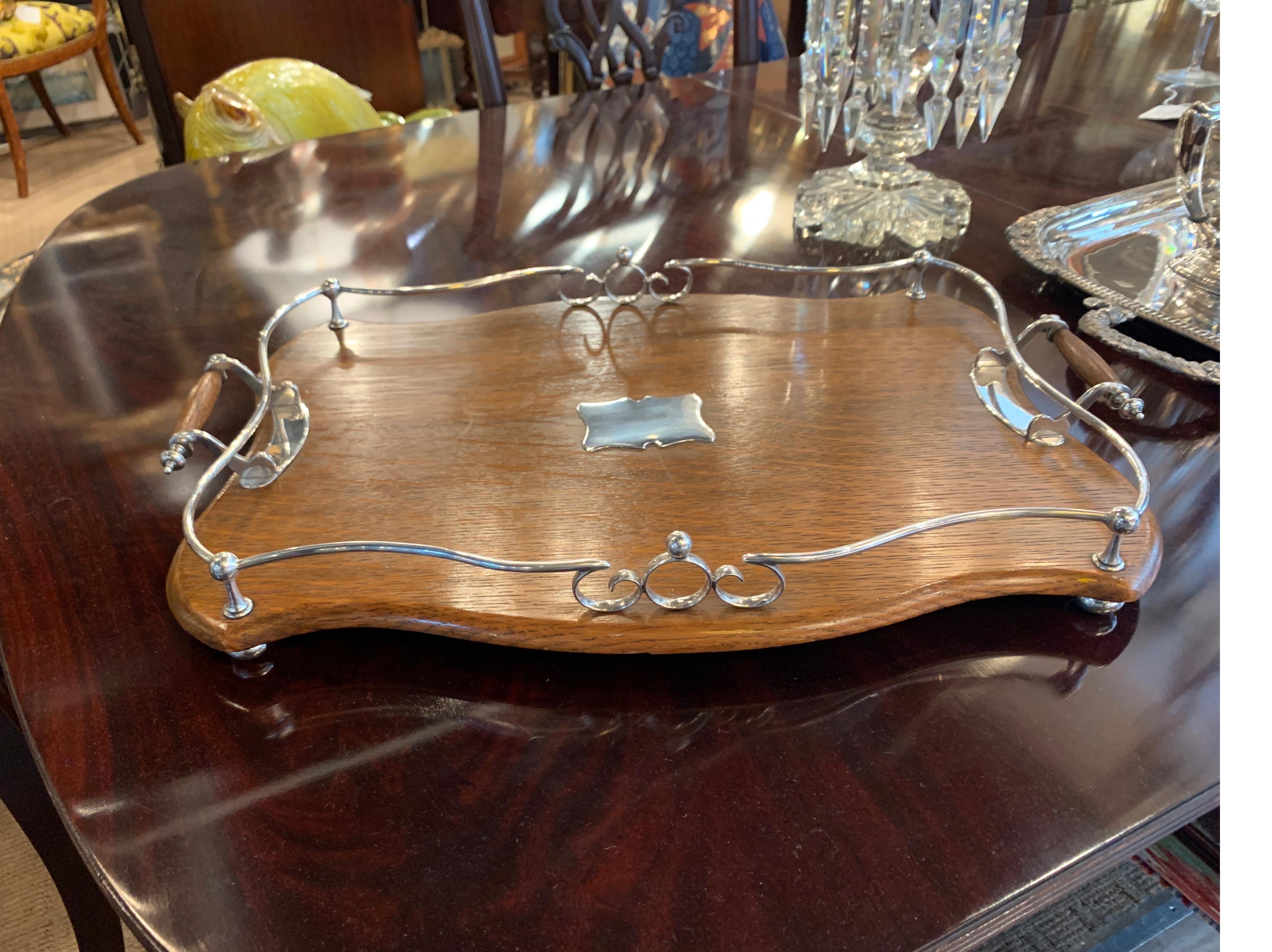 Early 20th Century English Silver-Plate & Solid Oak Gallery Handled Serving Tray For Sale 3