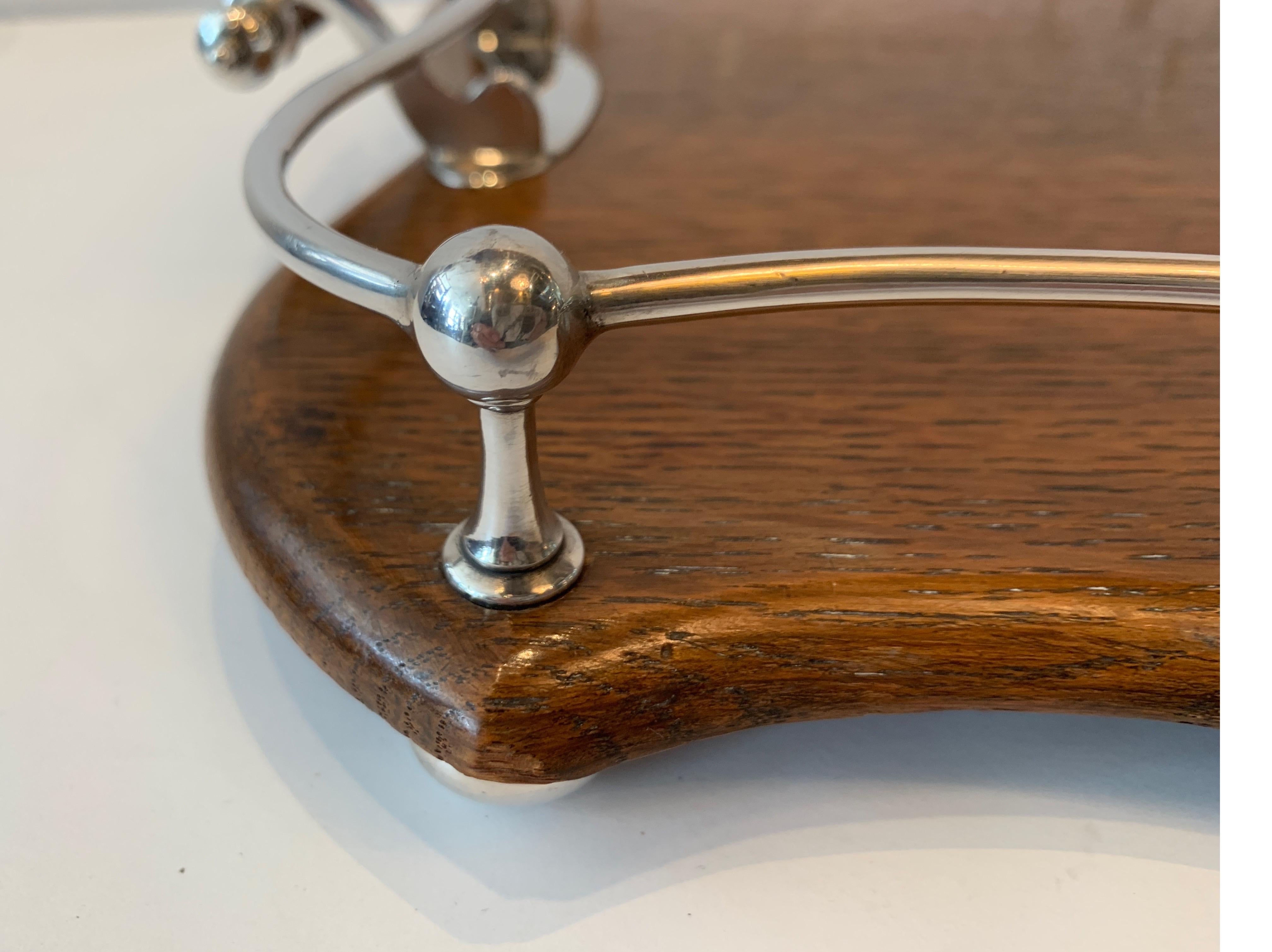 Early 20th Century English Silver-Plate & Solid Oak Gallery Handled Serving Tray 4