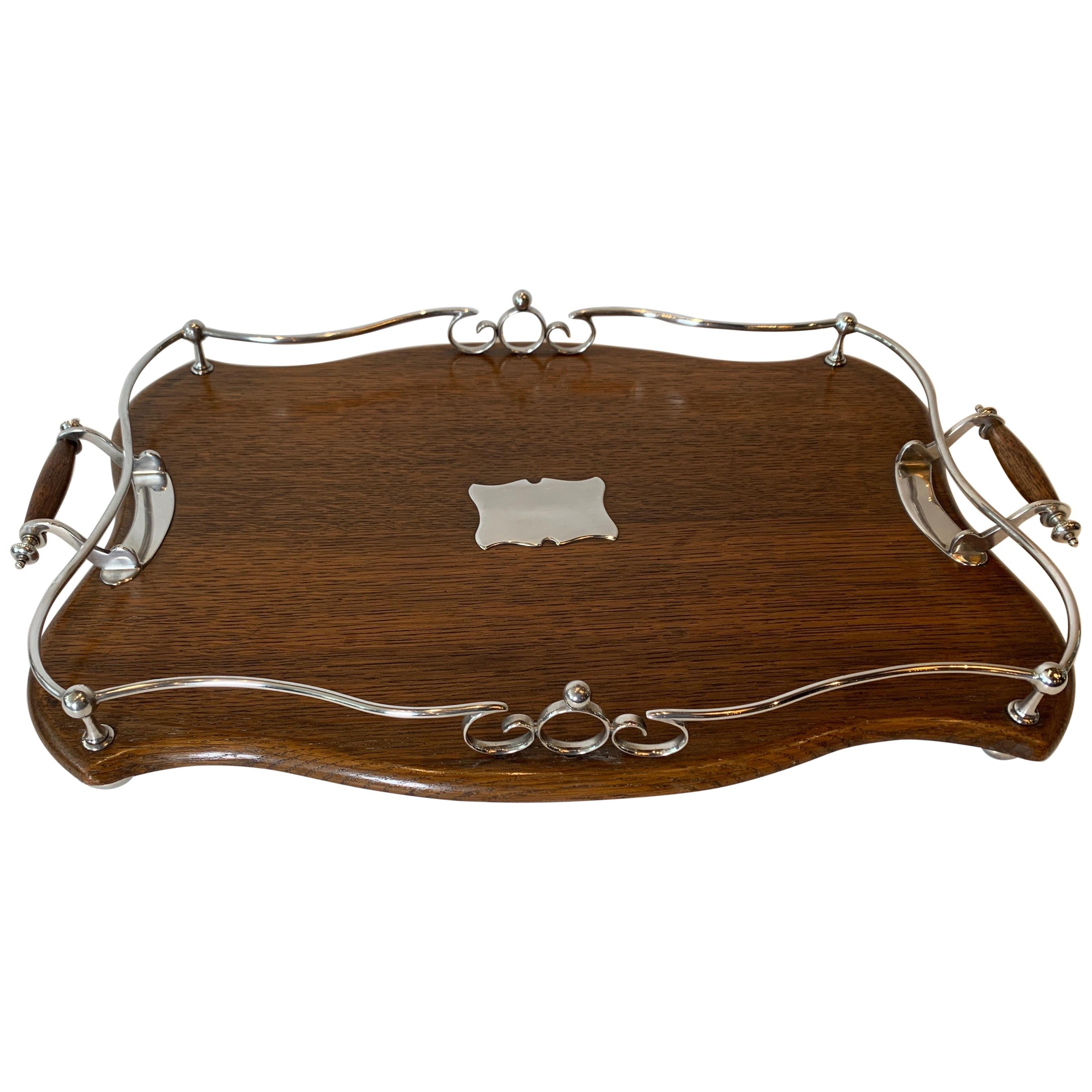 Early 20th Century English SilverPlate and Solid Oak Gallery Handled